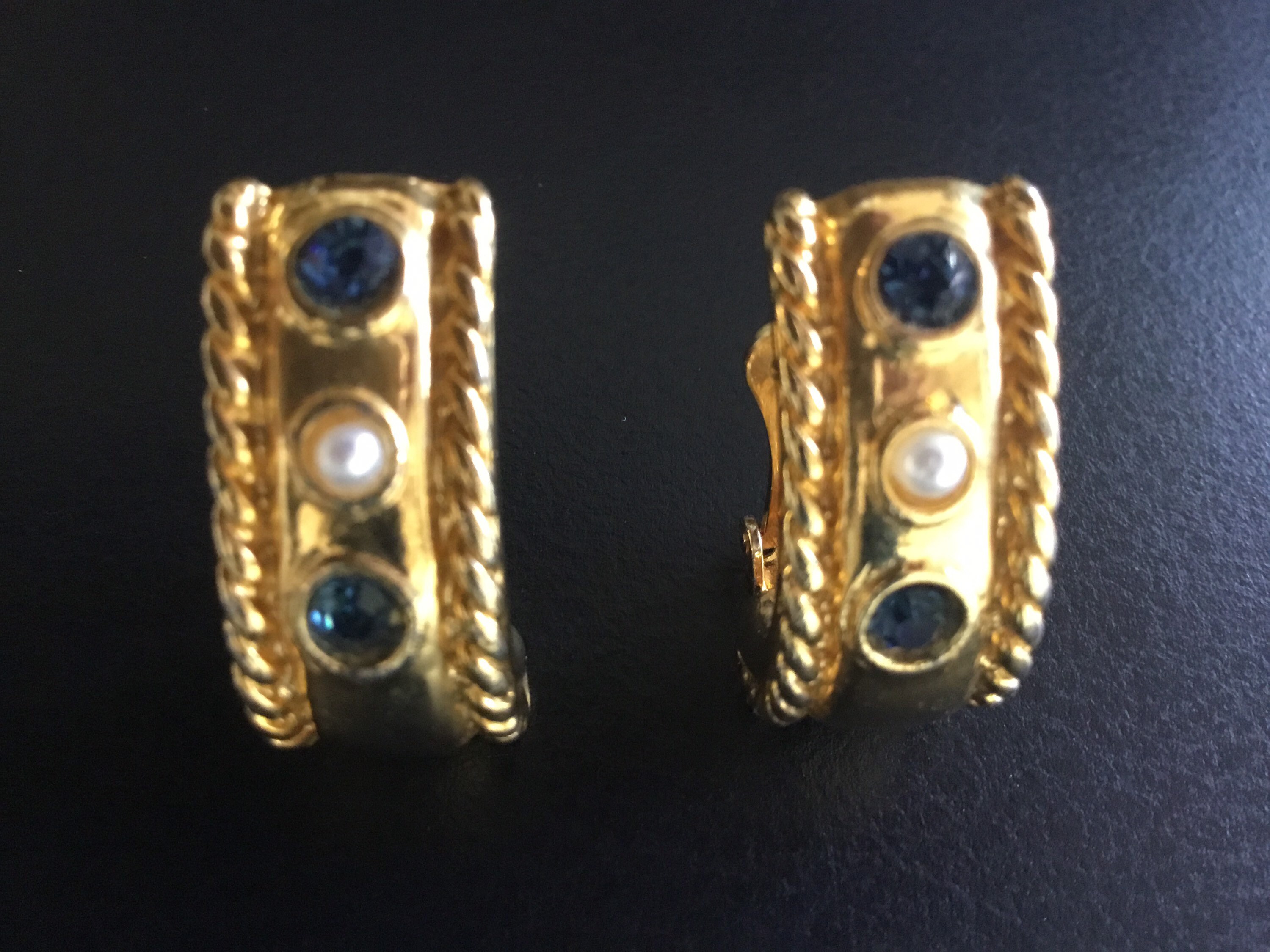 Vintage Earrings | 1980s French Quiniou Gold Plated, Pearl & Cut Stone — photo 6 of 8