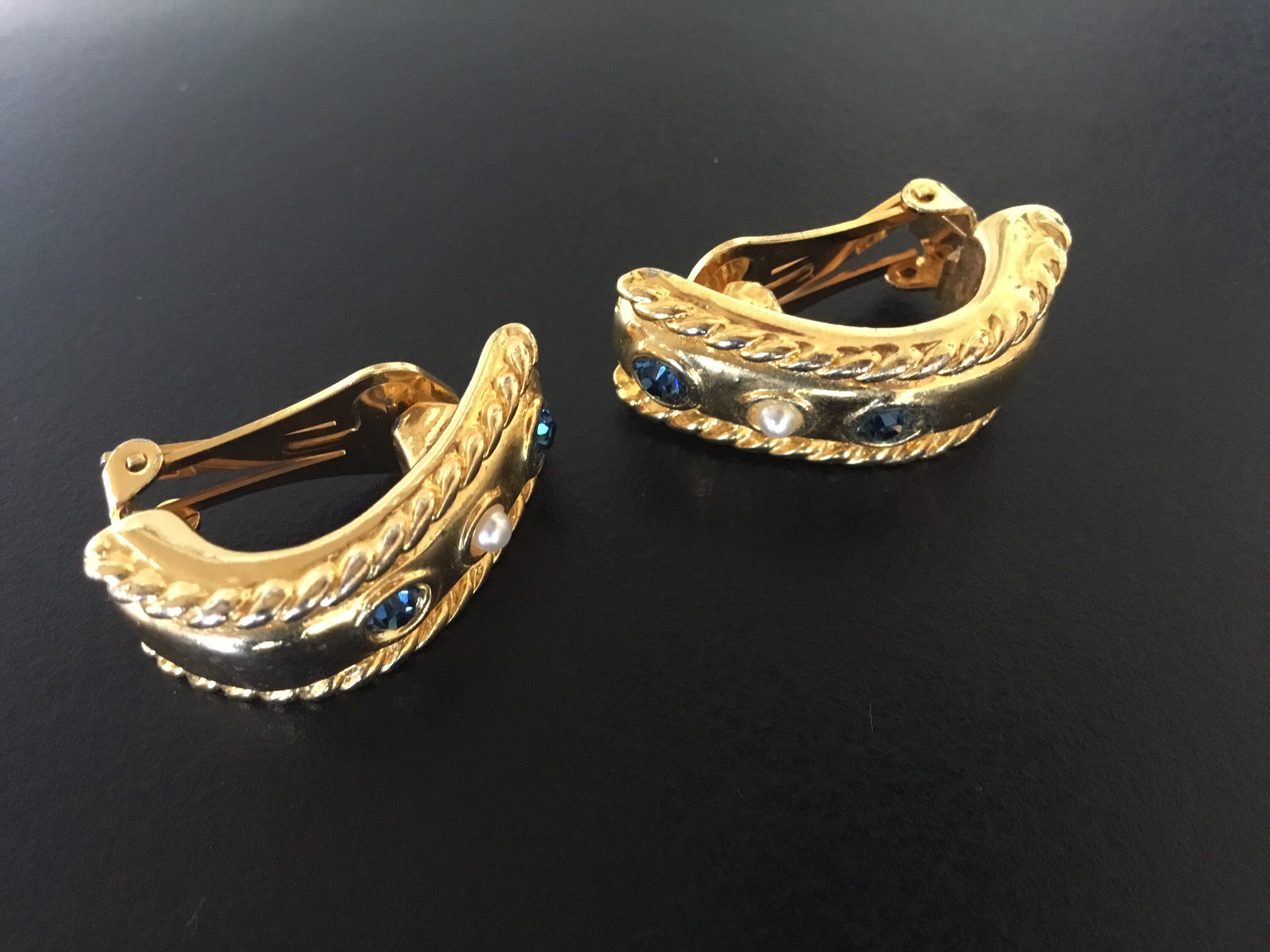 Vintage Earrings | 1980s French Quiniou Gold Plated, Pearl & Cut Stone — photo 7 of 8