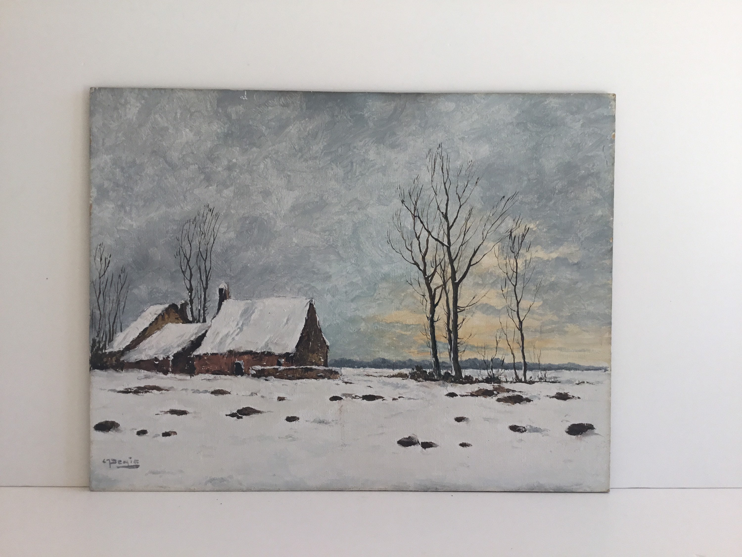 Vintage Oil Painting | 1900s Winter Snow Landscape, French Country Houses Signed Denic — photo 2 of 11