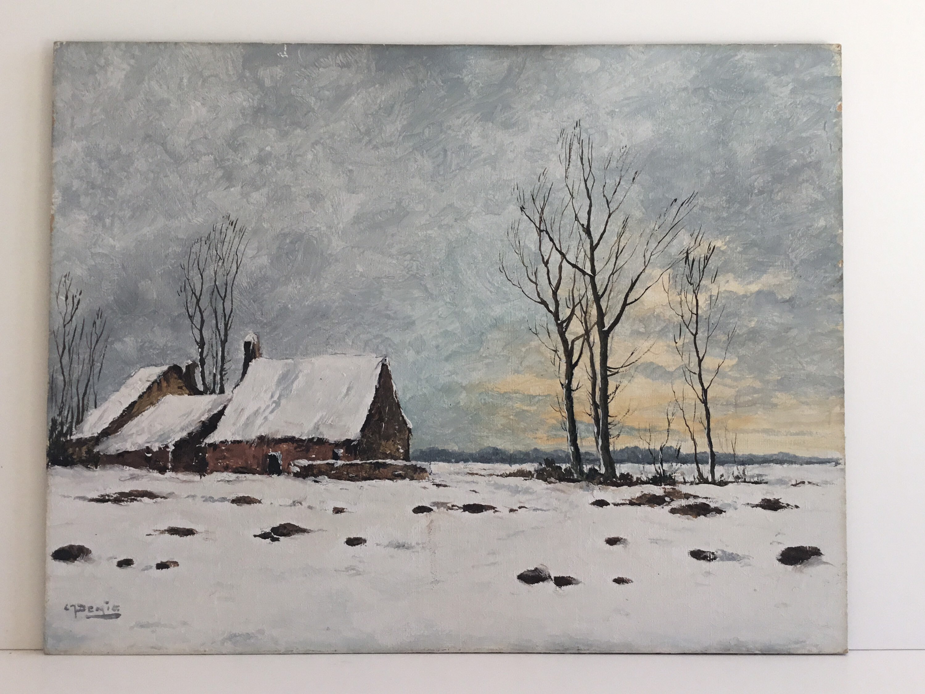 Vintage Oil Painting | 1900s Winter Snow Landscape, French Country Houses Signed Denic — photo 3 of 11
