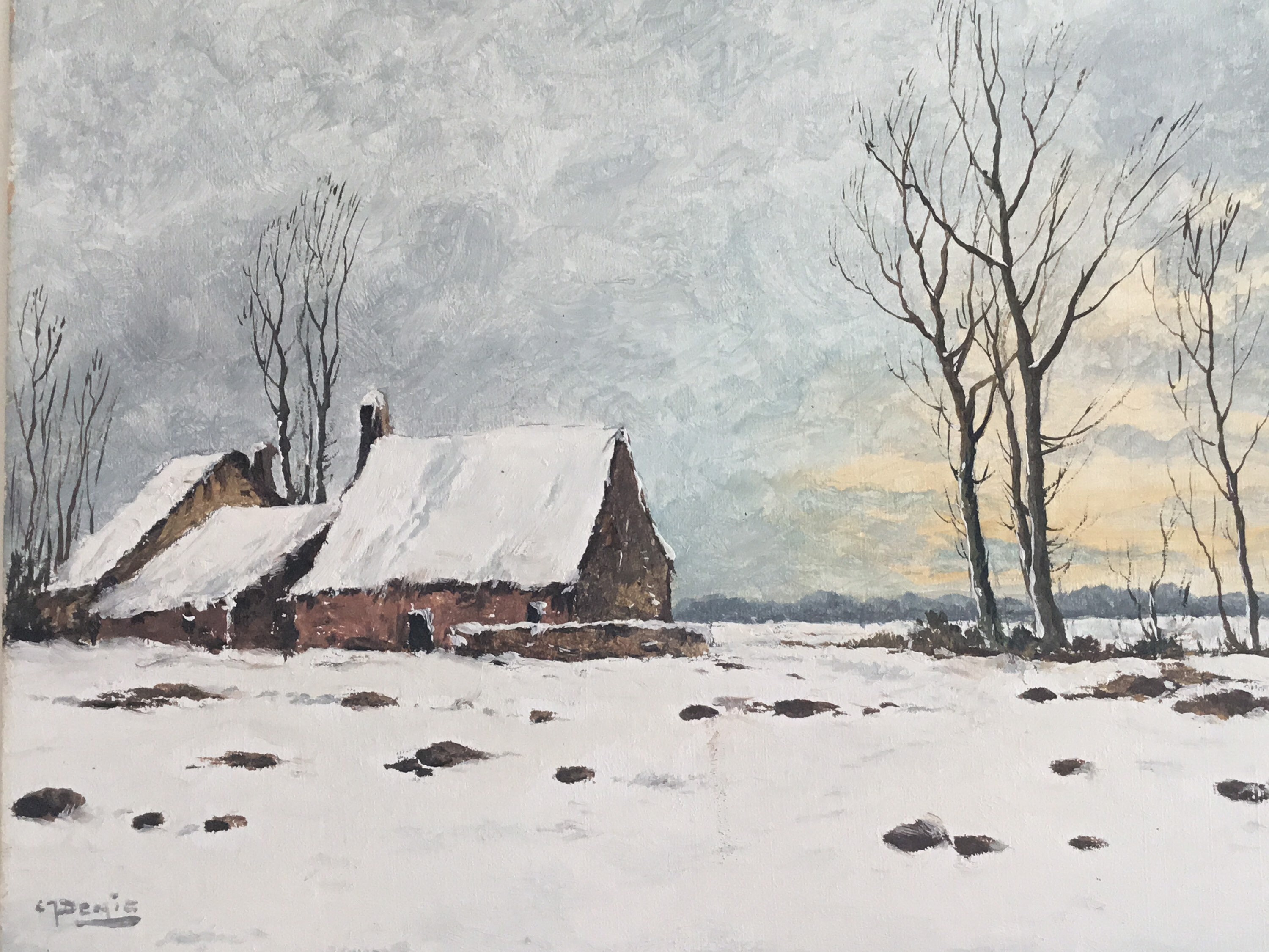 Vintage Oil Painting | 1900s Winter Snow Landscape, French Country Houses Signed Denic — photo 5 of 11