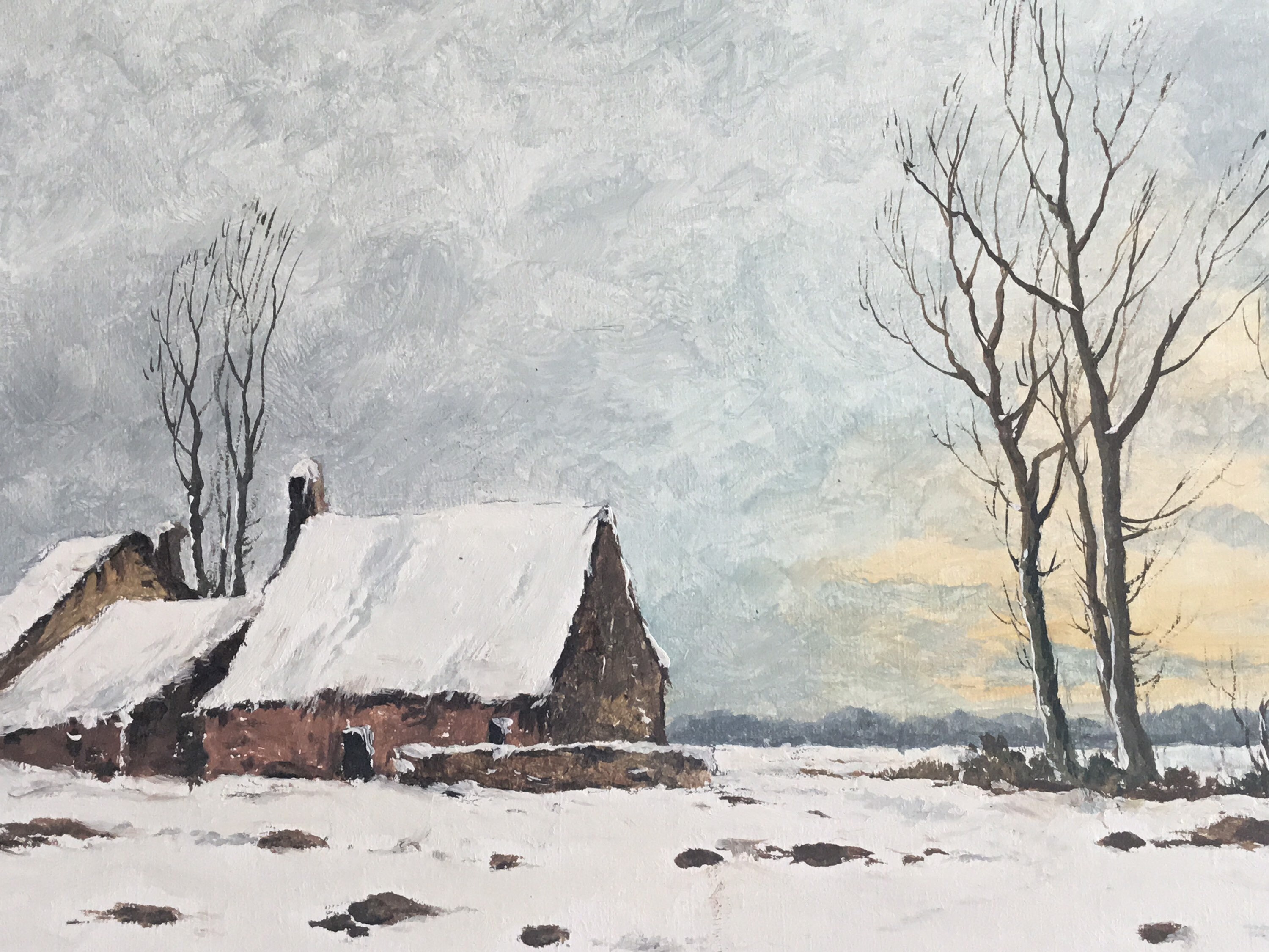 Vintage Oil Painting | 1900s Winter Snow Landscape, French Country Houses Signed Denic — photo 7 of 11