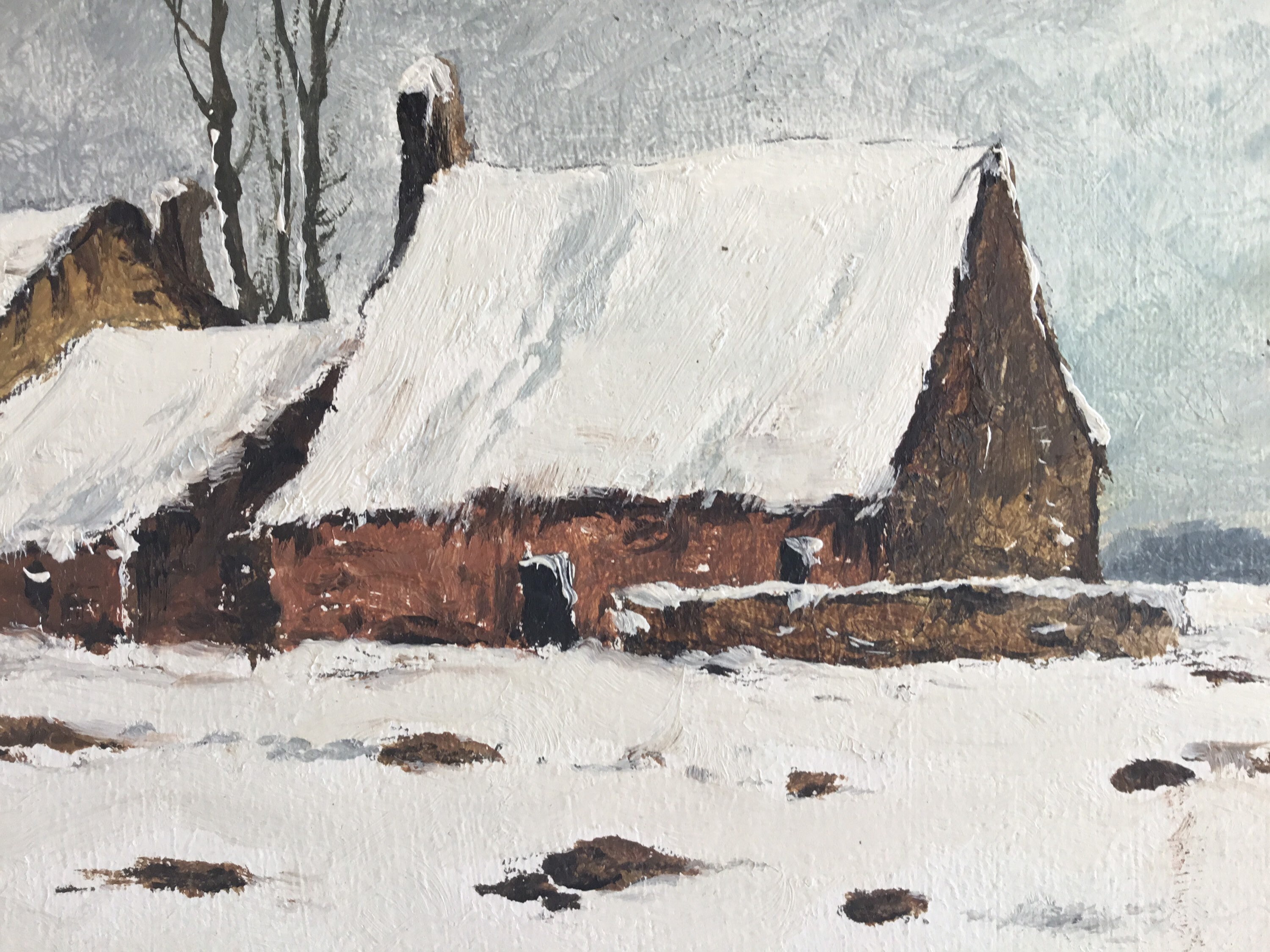 Vintage Oil Painting | 1900s Winter Snow Landscape, French Country Houses Signed Denic — photo 8 of 11