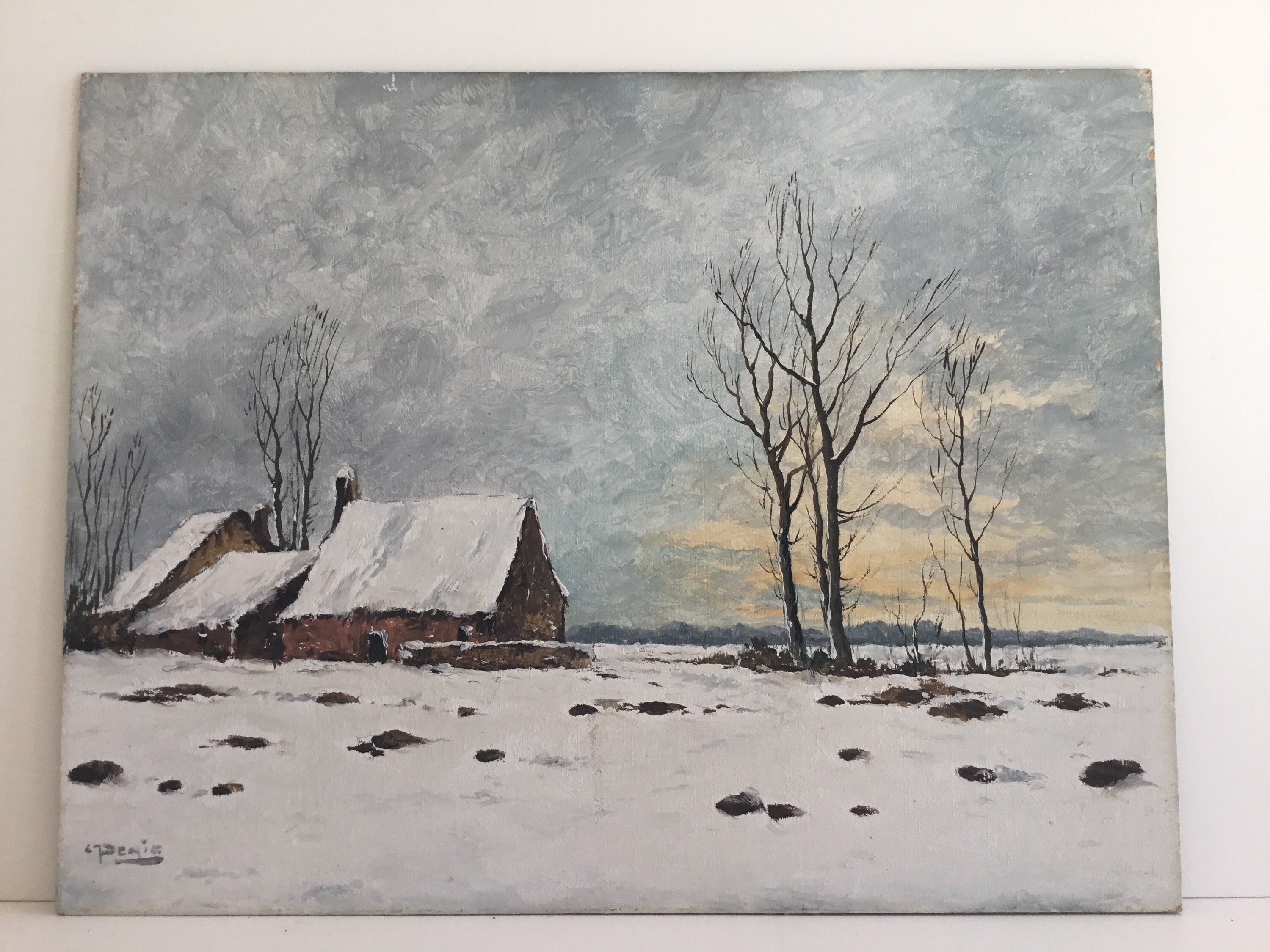 Vintage Oil Painting | 1900s Winter Snow Landscape, French Country Houses Signed Denic — photo 10 of 11