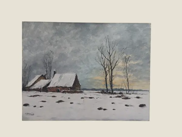 Vintage Oil Painting | 1900s Winter Snow Landscape, French Country Houses Signed Denic