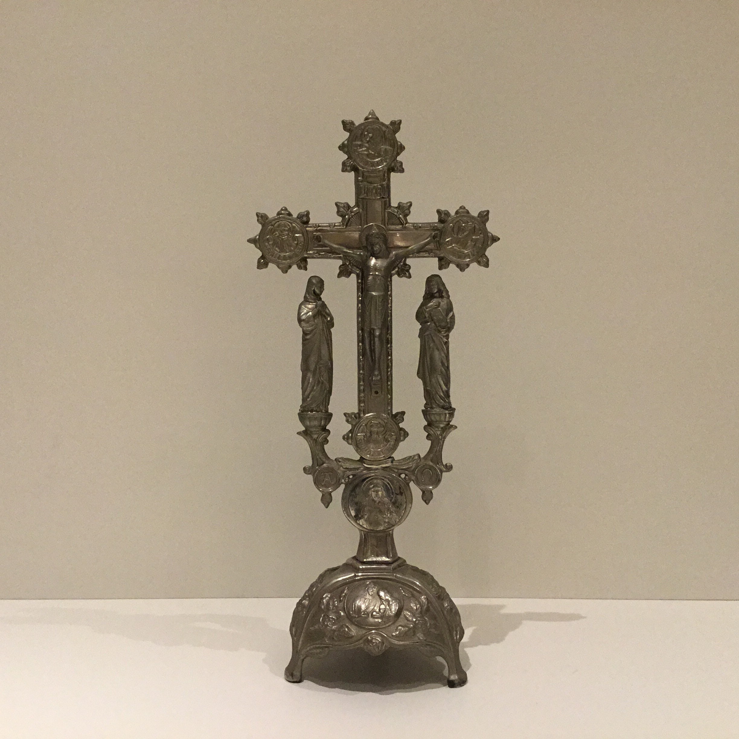 Antique Crucifix | 1900s Silver Tone with Holy Mary & St John, Evangelist Symbols — photo 2 of 11