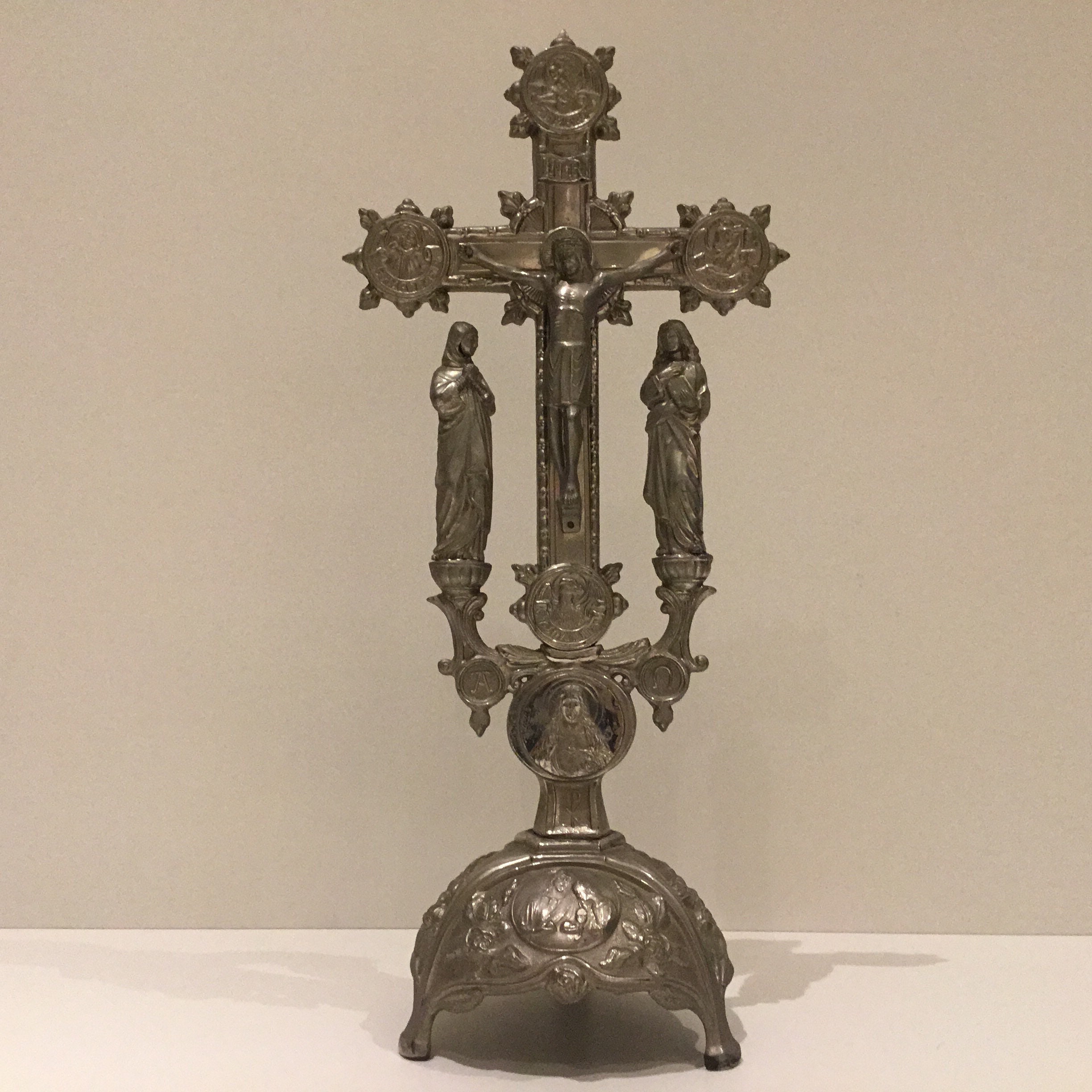 Antique Crucifix | 1900s Silver Tone with Holy Mary & St John, Evangelist Symbols — photo 3 of 11