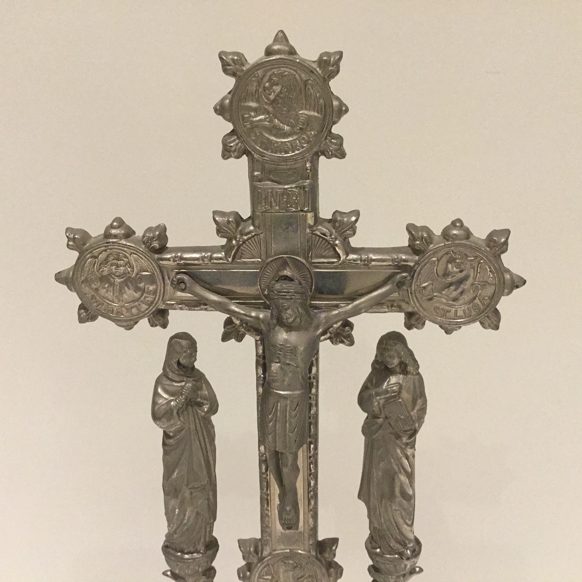Antique Crucifix | 1900s Silver Tone with Holy Mary & St John, Evangelist Symbols — photo 5 of 11