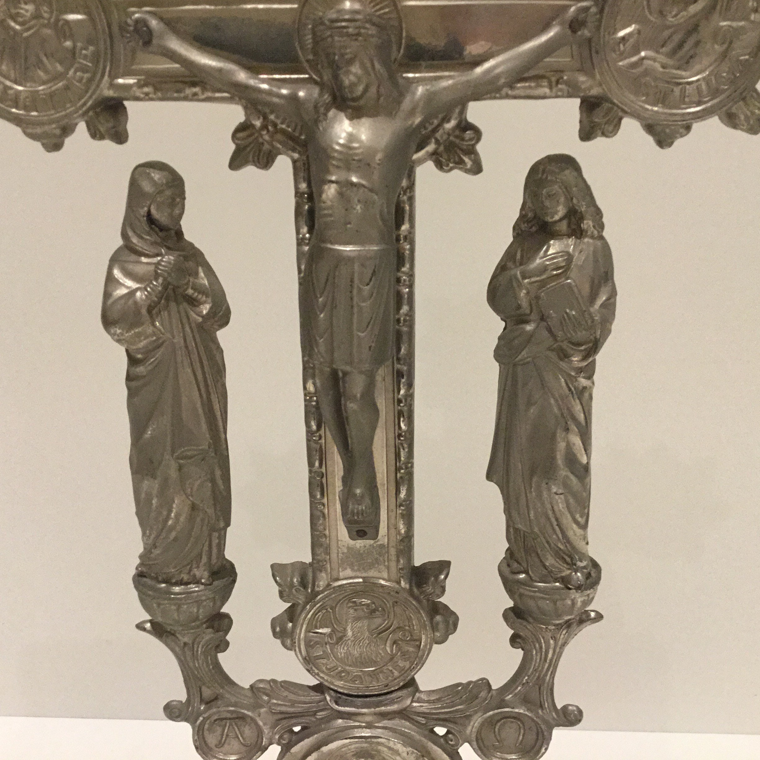 Antique Crucifix | 1900s Silver Tone with Holy Mary & St John, Evangelist Symbols — photo 6 of 11