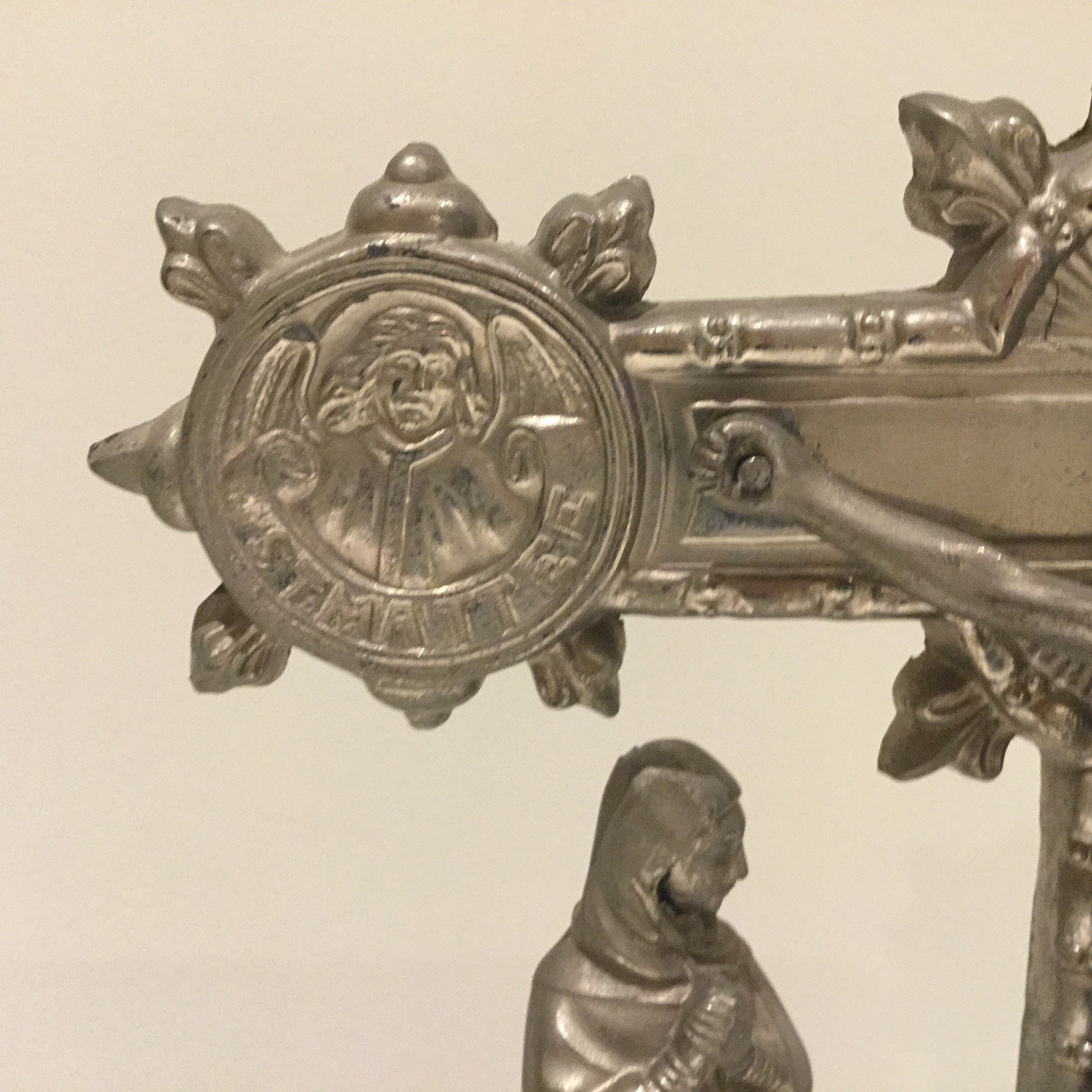 Antique Crucifix | 1900s Silver Tone with Holy Mary & St John, Evangelist Symbols — photo 7 of 11
