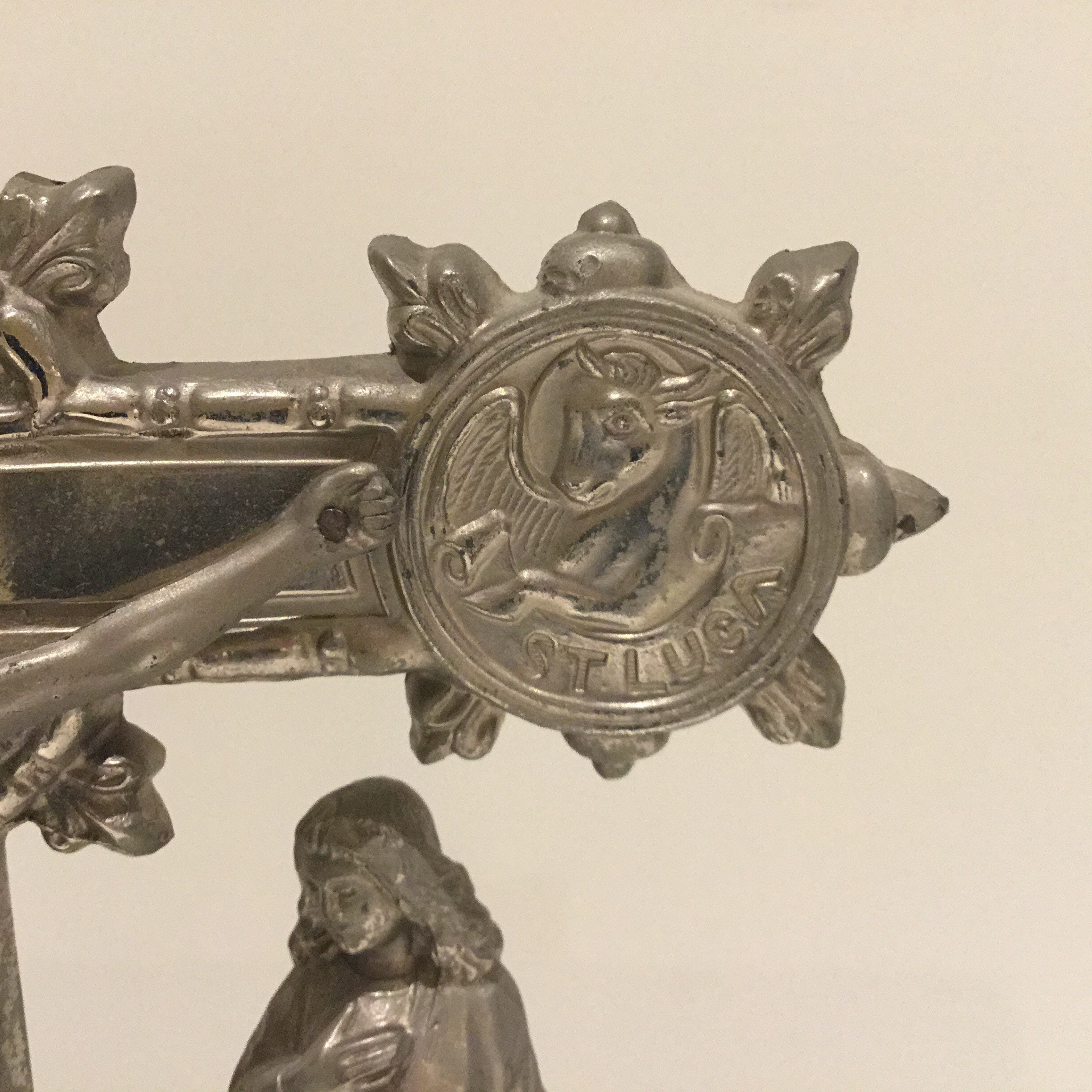 Antique Crucifix | 1900s Silver Tone with Holy Mary & St John, Evangelist Symbols — photo 9 of 11
