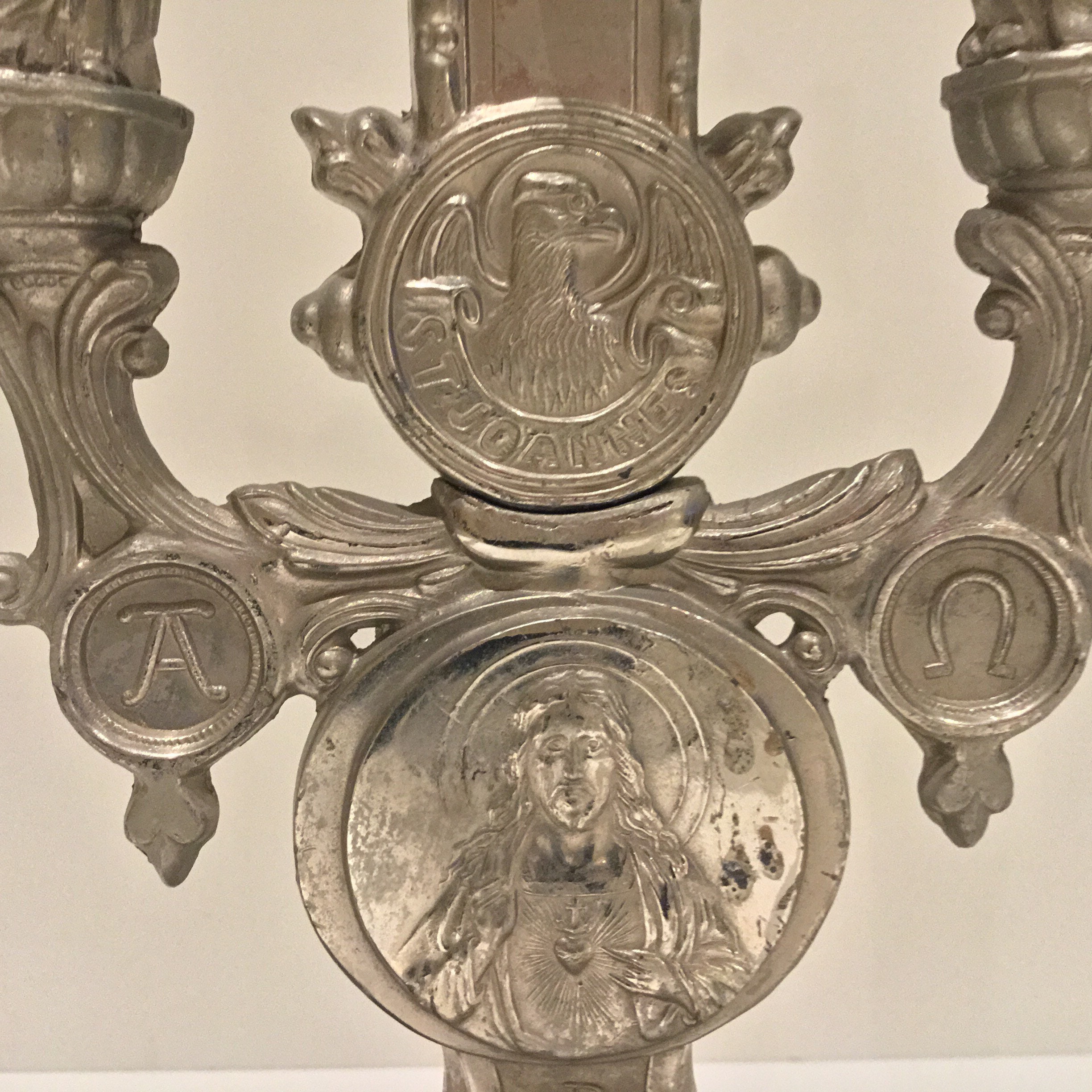 Antique Crucifix | 1900s Silver Tone with Holy Mary & St John, Evangelist Symbols — photo 10 of 11