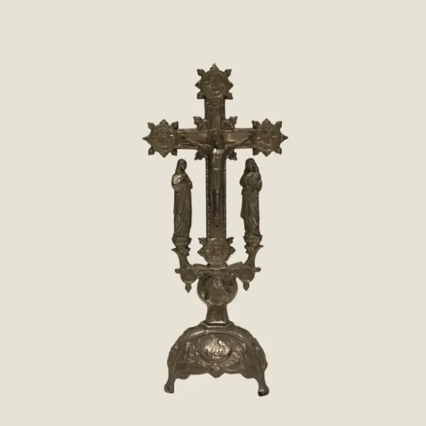 Antique Crucifix | 1900s Silver Tone with Holy Mary & St John, Evangelist Symbols