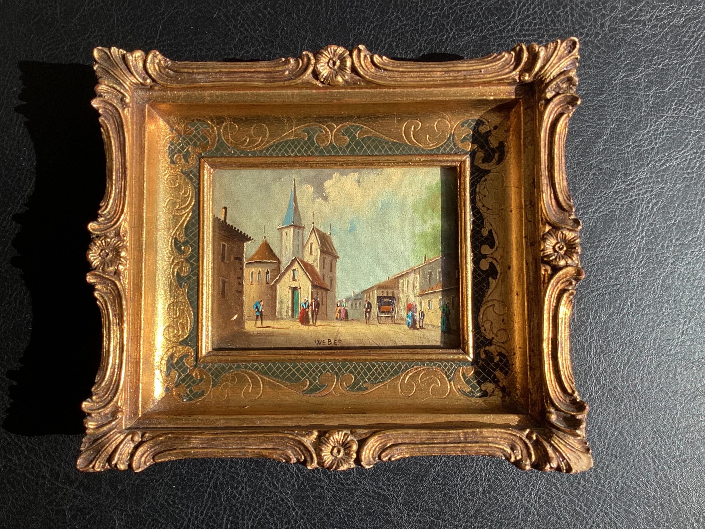 Antique Painting Miniature Oil Village Scene 19th Century Framed Signed Weber — photo 2 of 11
