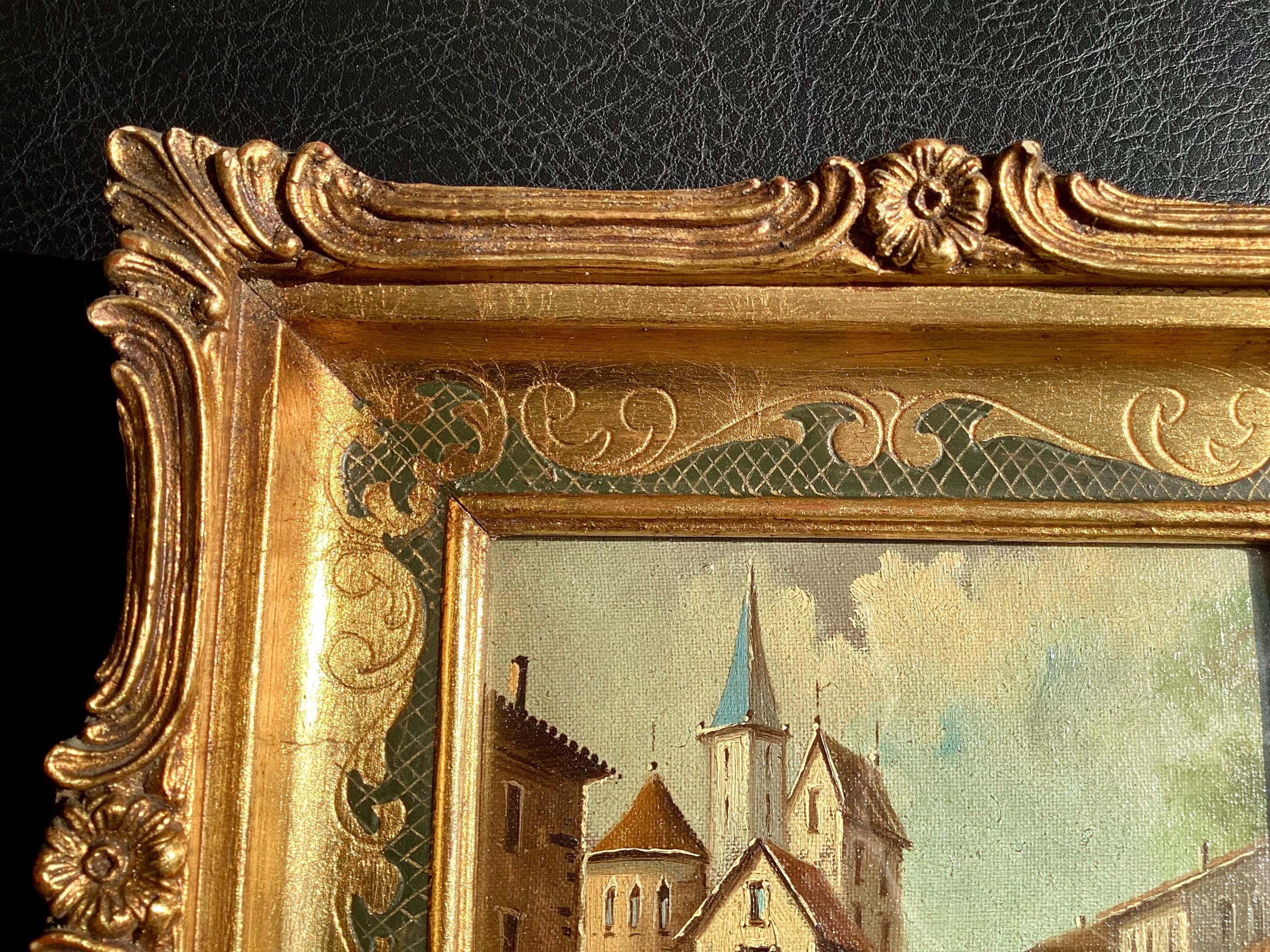 Antique Painting Miniature Oil Village Scene 19th Century Framed Signed Weber — photo 11 of 11