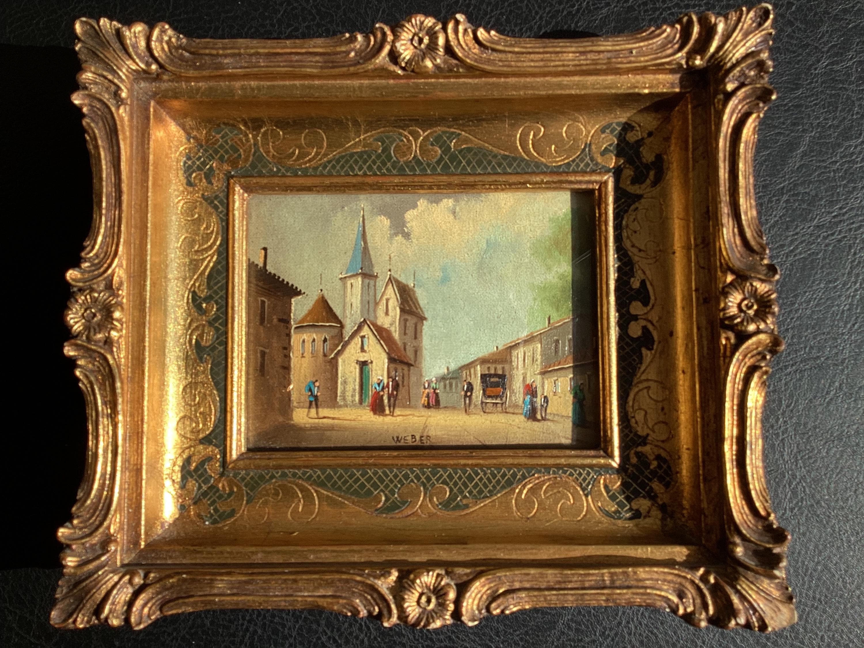 Antique Painting Miniature Oil Village Scene 19th Century Framed Signed Weber — photo 3 of 11