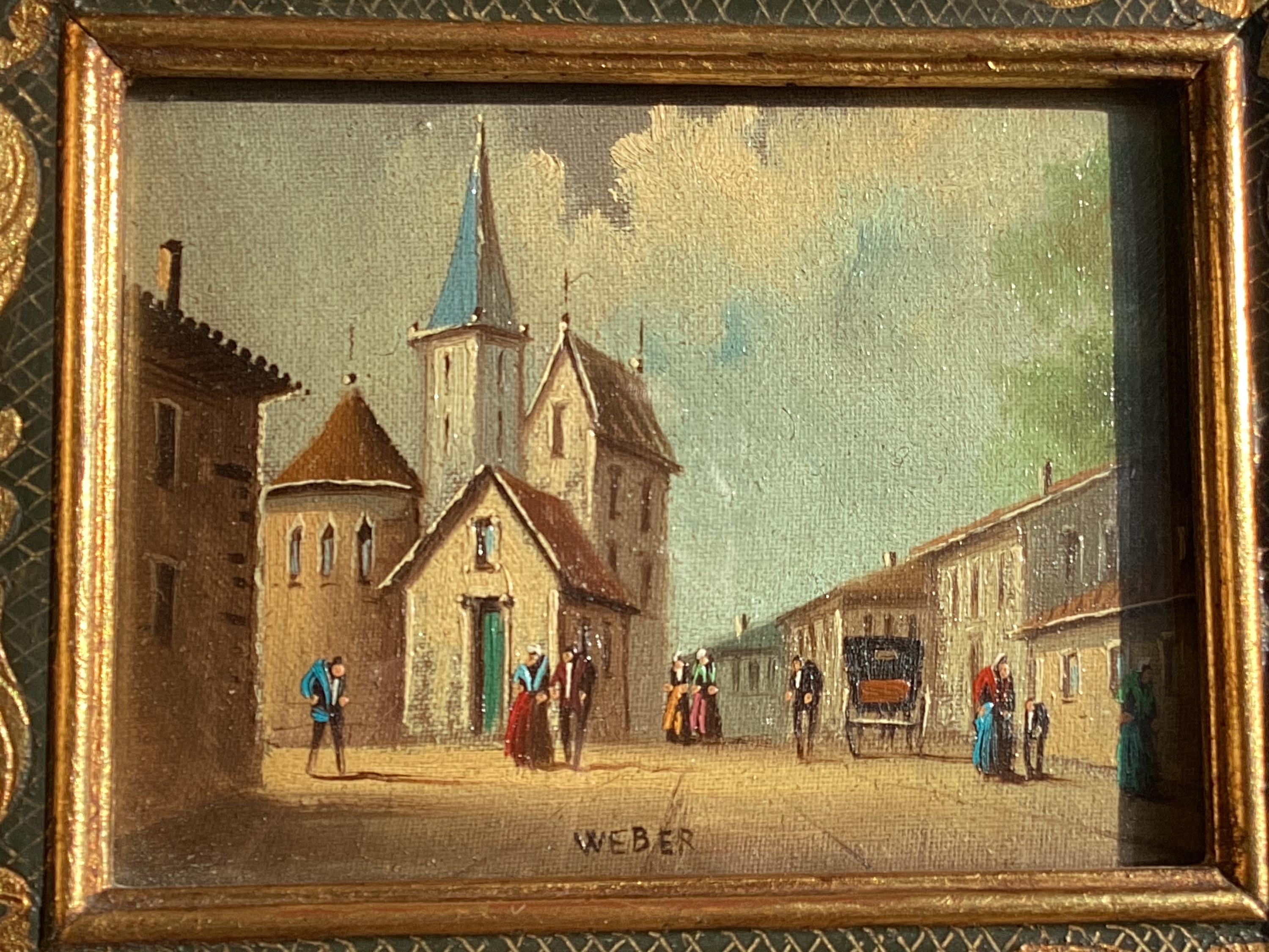 Antique Painting Miniature Oil Village Scene 19th Century Framed Signed Weber — photo 4 of 11