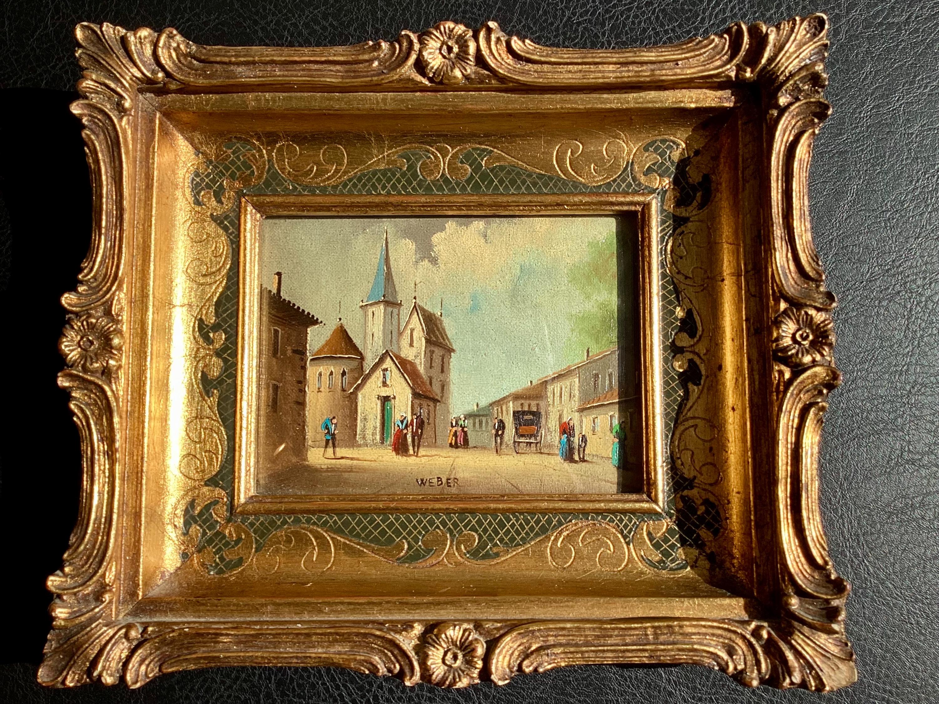 Antique Painting Miniature Oil Village Scene 19th Century Framed Signed Weber — photo 5 of 11