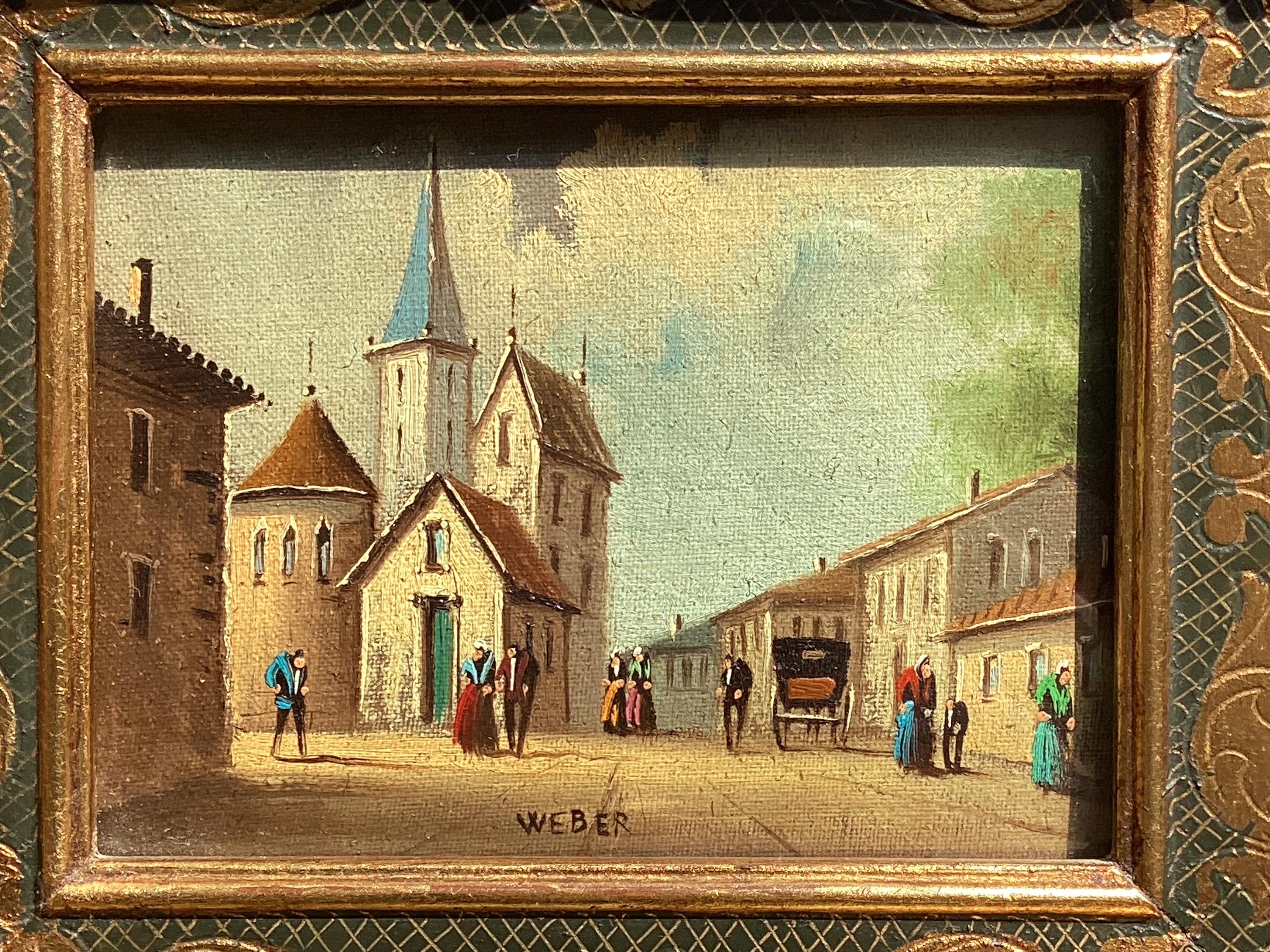 Antique Painting Miniature Oil Village Scene 19th Century Framed Signed Weber — photo 6 of 11