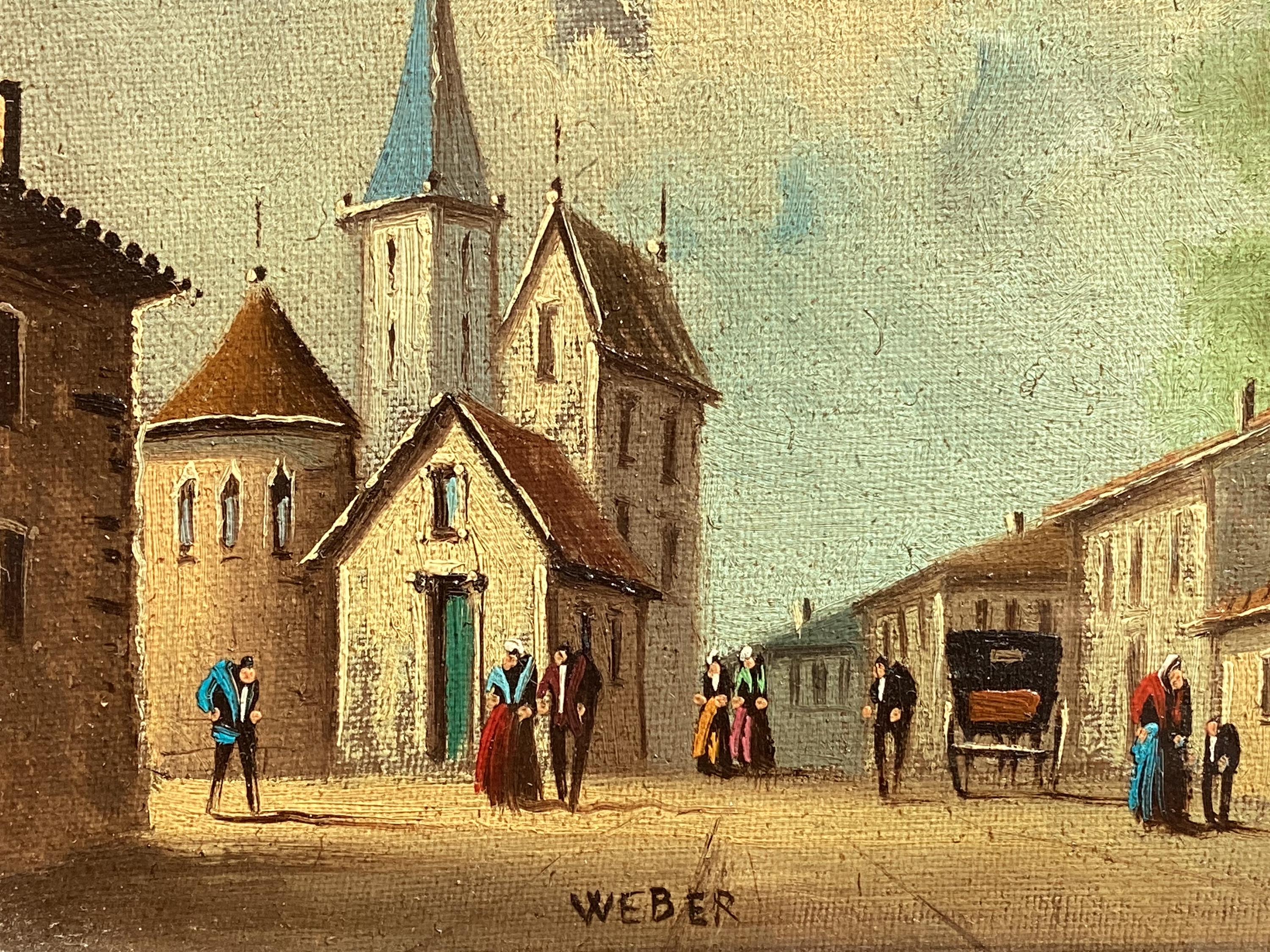 Antique Painting Miniature Oil Village Scene 19th Century Framed Signed Weber — photo 7 of 11