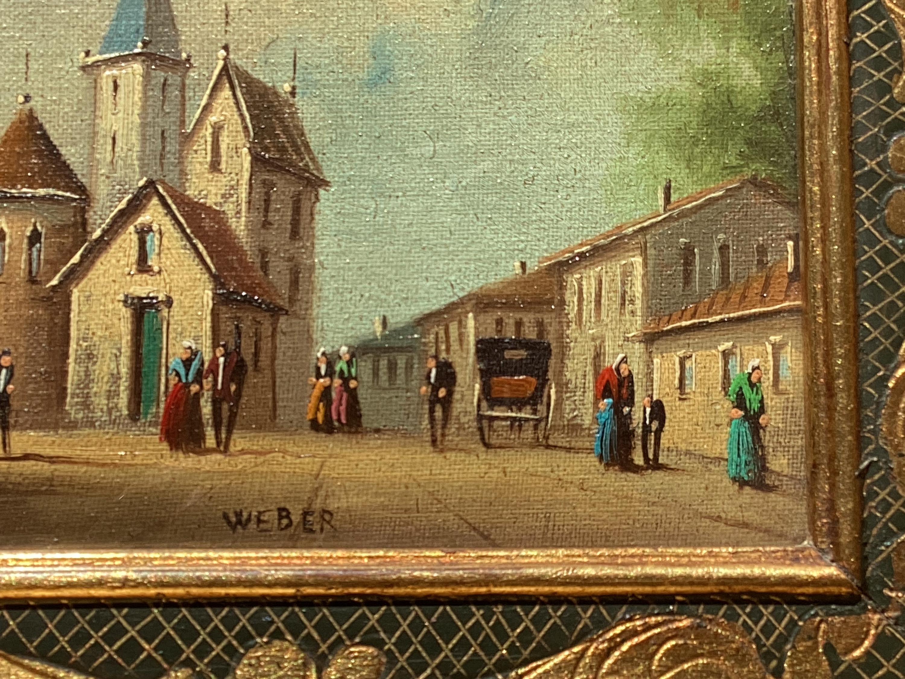 Antique Painting Miniature Oil Village Scene 19th Century Framed Signed Weber — photo 8 of 11