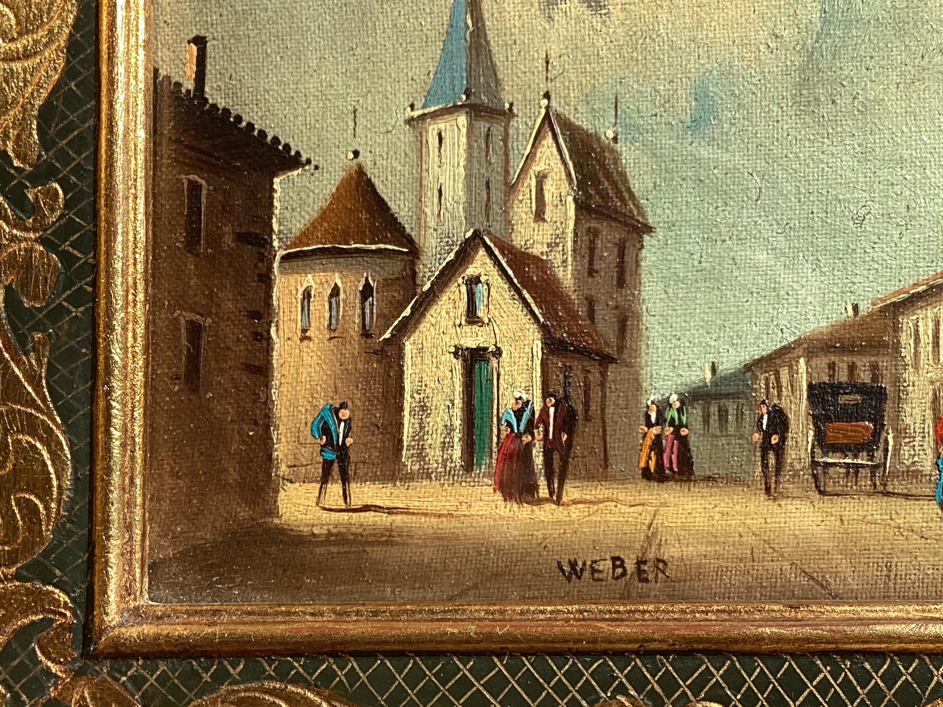 Antique Painting Miniature Oil Village Scene 19th Century Framed Signed Weber — photo 9 of 11