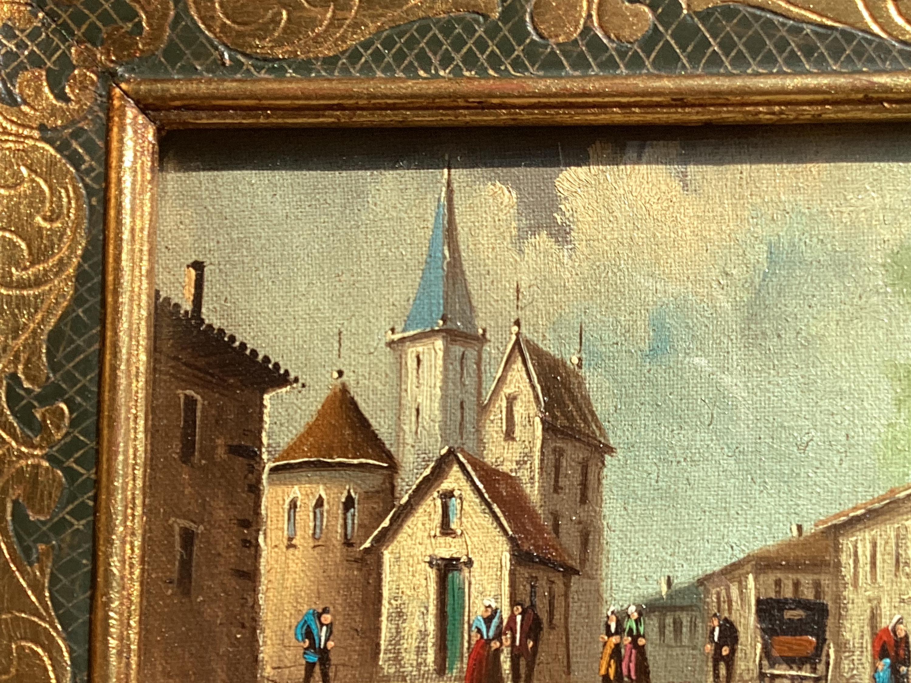 Antique Painting Miniature Oil Village Scene 19th Century Framed Signed Weber — photo 10 of 11