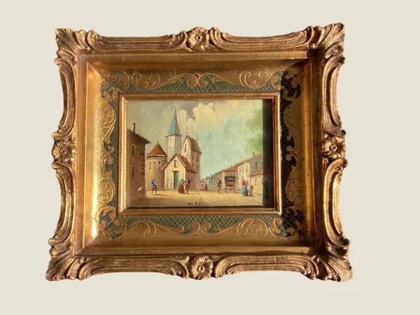 Antique Painting Miniature Oil Village Scene 19th Century Framed Signed Weber