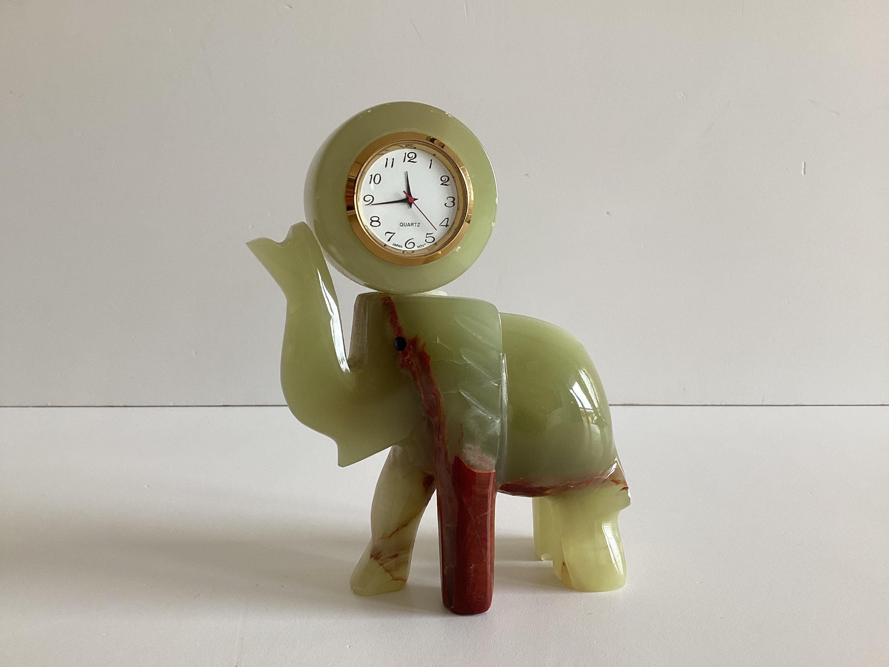 Vintage Onyx Elephant Clock | 1970s Italian Green Stone Desk Clock, Japan Quartz — photo 2 of 9