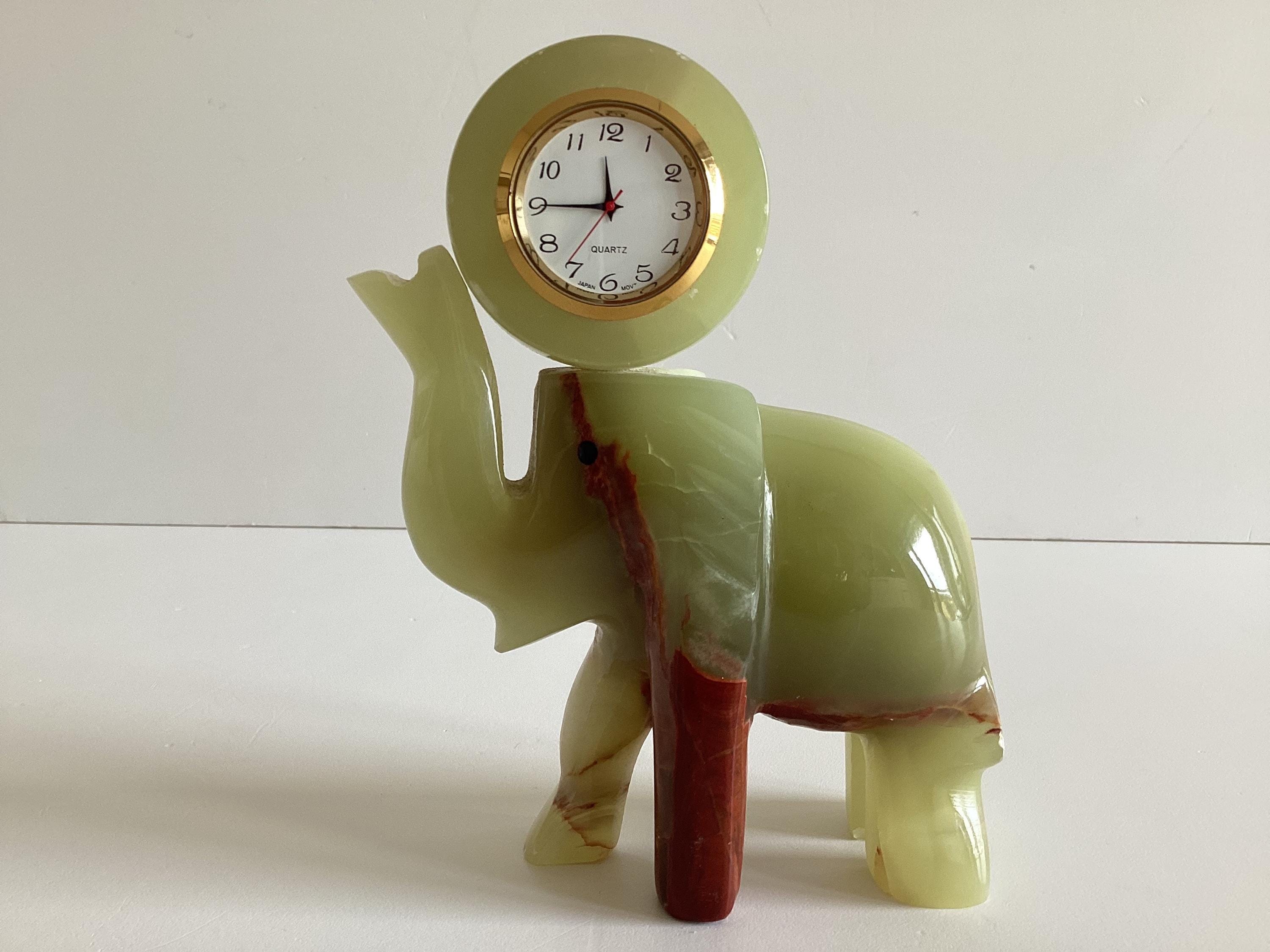 Vintage Onyx Elephant Clock | 1970s Italian Green Stone Desk Clock, Japan Quartz — photo 3 of 9