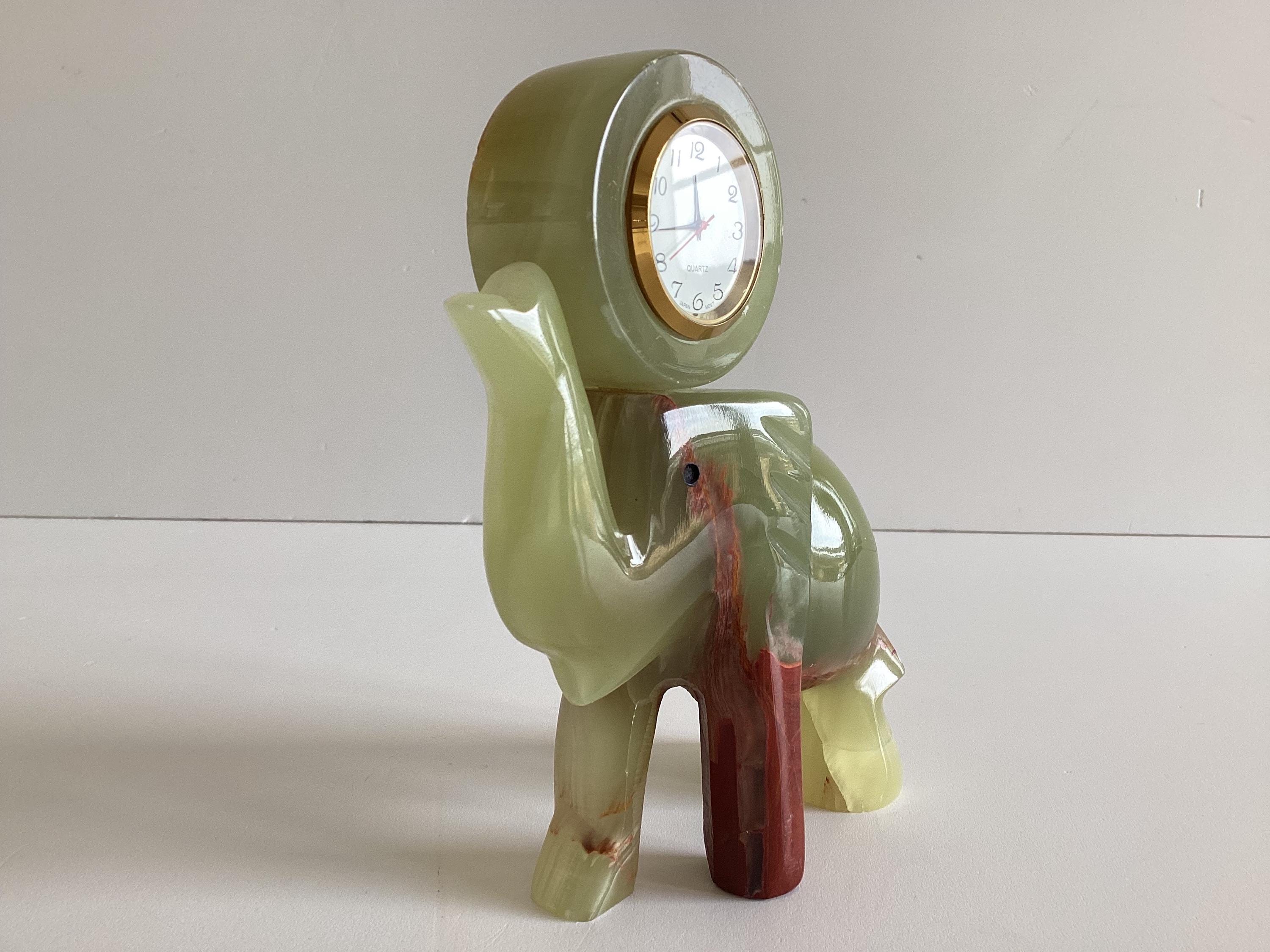 Vintage Onyx Elephant Clock | 1970s Italian Green Stone Desk Clock, Japan Quartz — photo 4 of 9