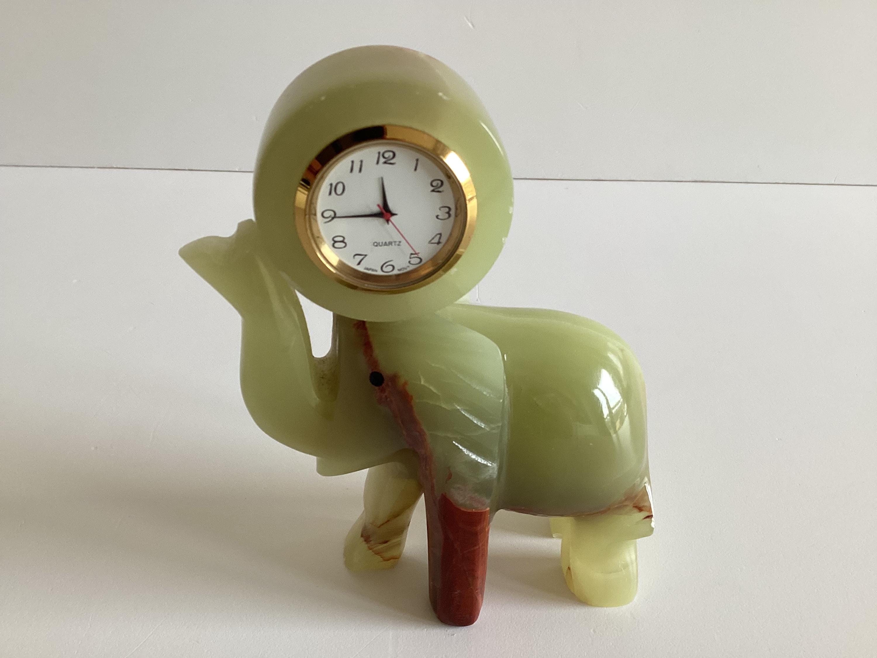 Vintage Onyx Elephant Clock | 1970s Italian Green Stone Desk Clock, Japan Quartz — photo 5 of 9