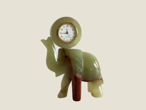 Vintage Onyx Elephant Clock | 1970s Italian Green Stone Desk Clock, Japan Quartz