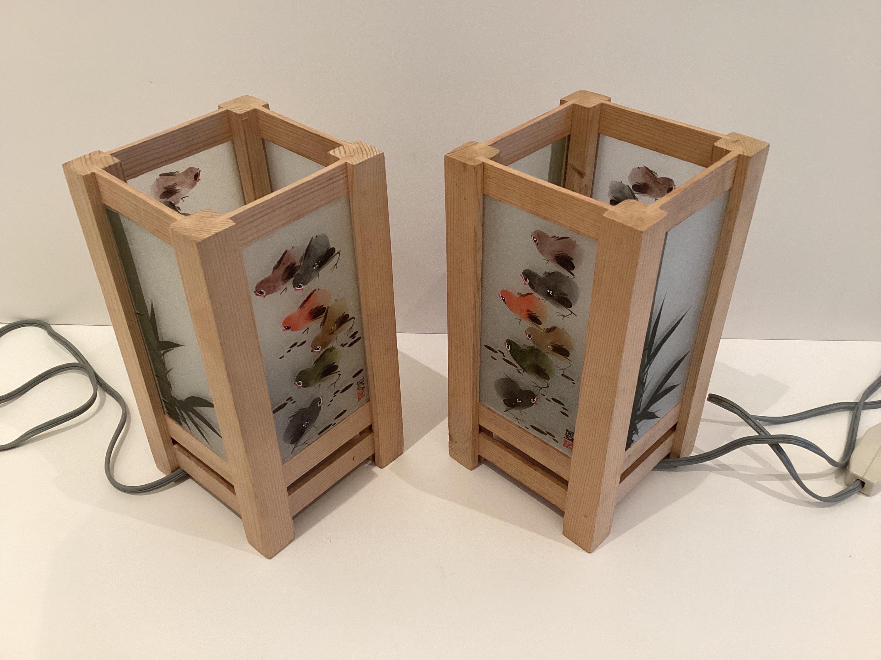 Vintage Lamps | Pair of Hand Painted Glass, Solid Larch Wood Japanese Design — photo 2 of 11