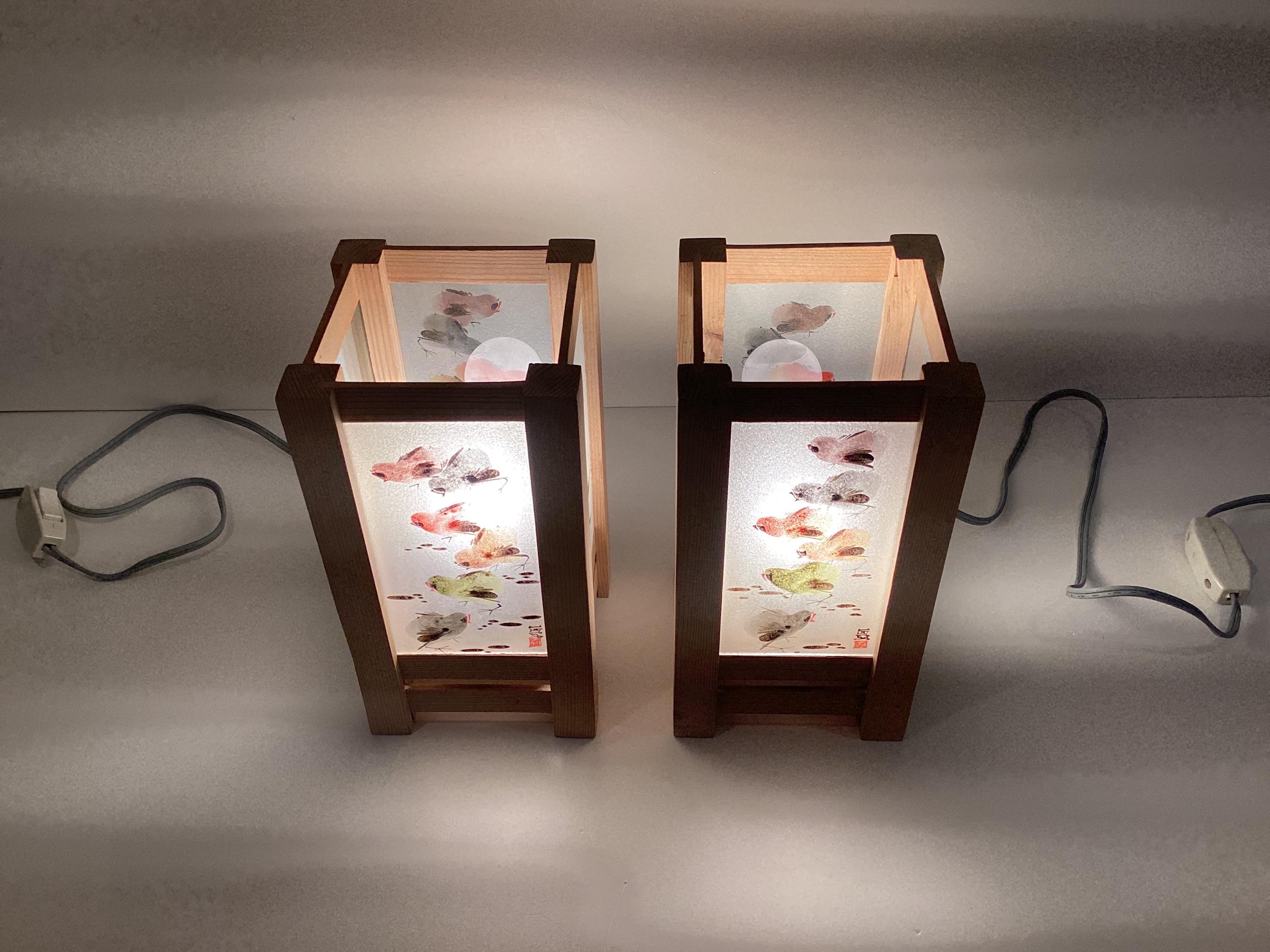 Vintage Lamps | Pair of Hand Painted Glass, Solid Larch Wood Japanese Design — photo 3 of 11