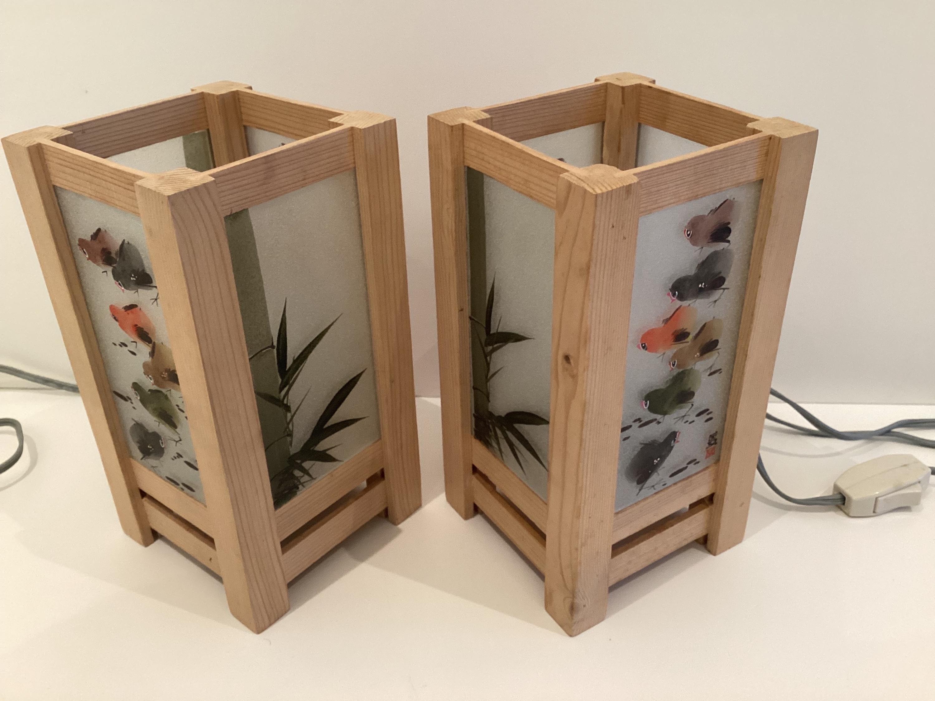 Vintage Lamps | Pair of Hand Painted Glass, Solid Larch Wood Japanese Design — photo 4 of 11