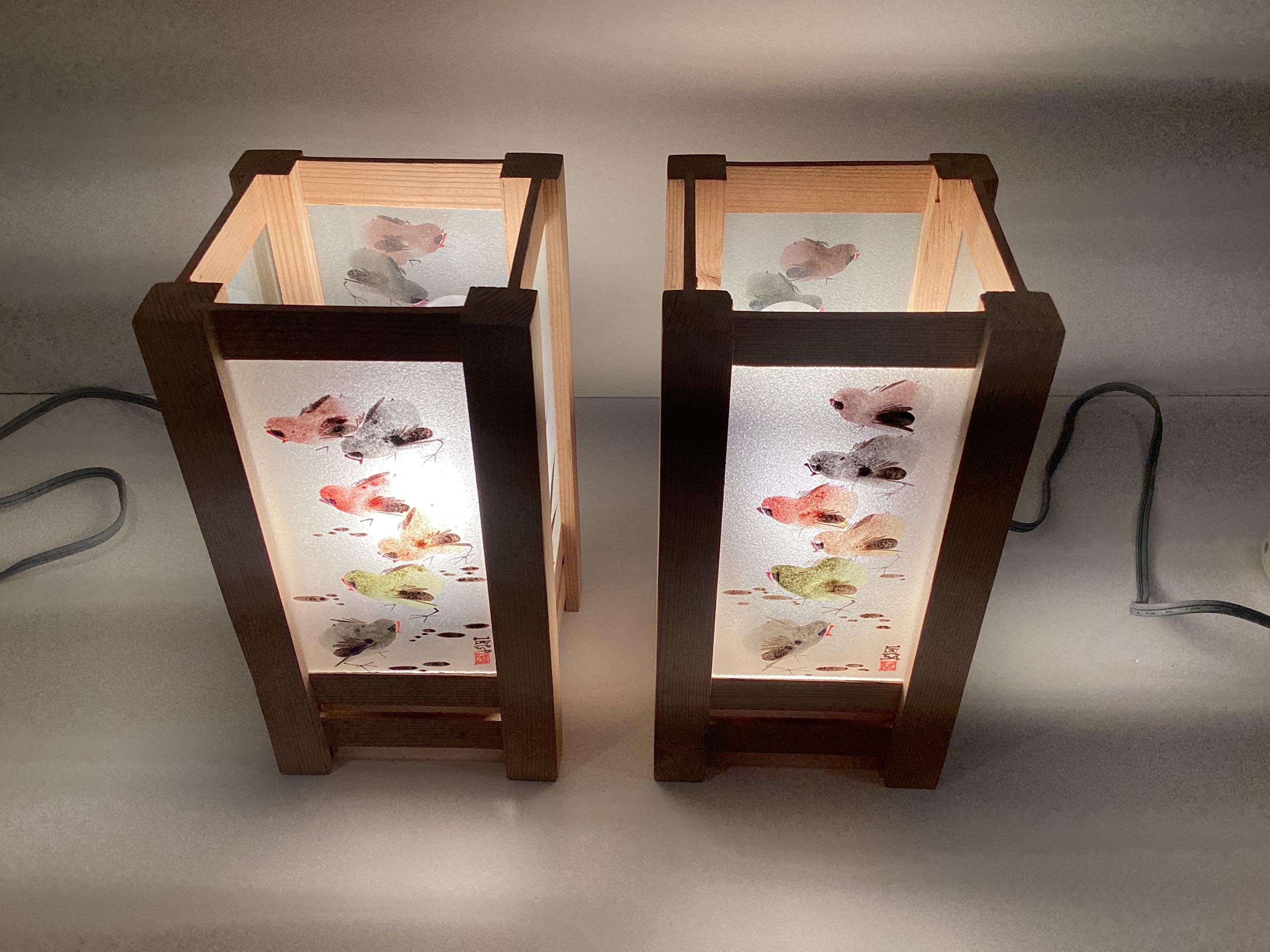 Vintage Lamps | Pair of Hand Painted Glass, Solid Larch Wood Japanese Design — photo 5 of 11