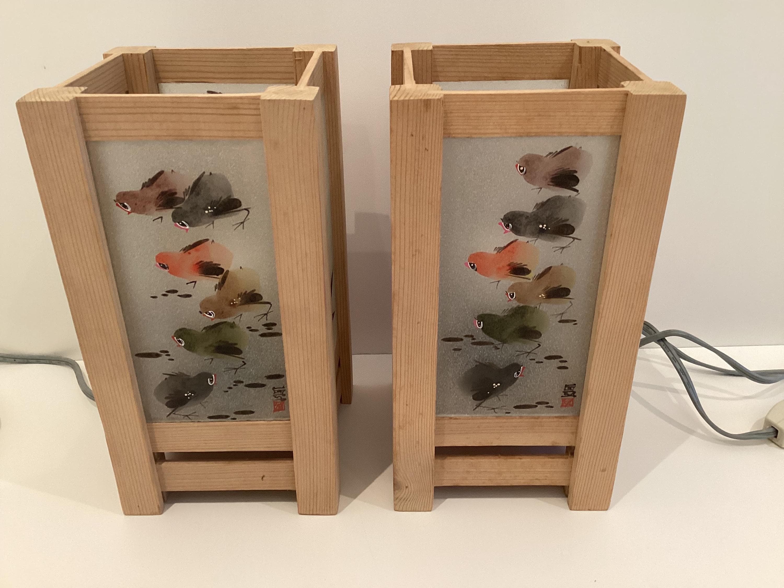 Vintage Lamps | Pair of Hand Painted Glass, Solid Larch Wood Japanese Design — photo 6 of 11