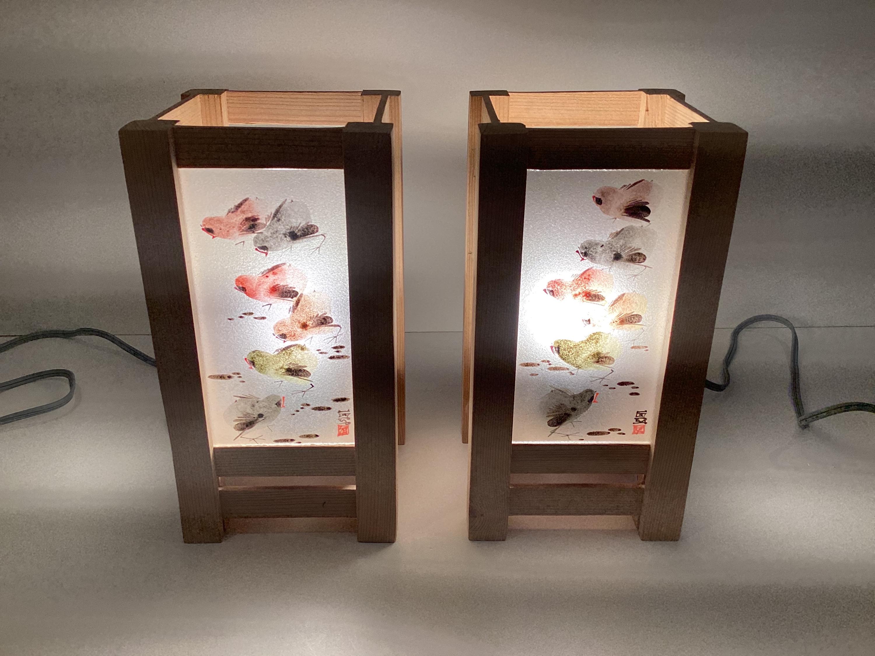 Vintage Lamps | Pair of Hand Painted Glass, Solid Larch Wood Japanese Design — photo 7 of 11