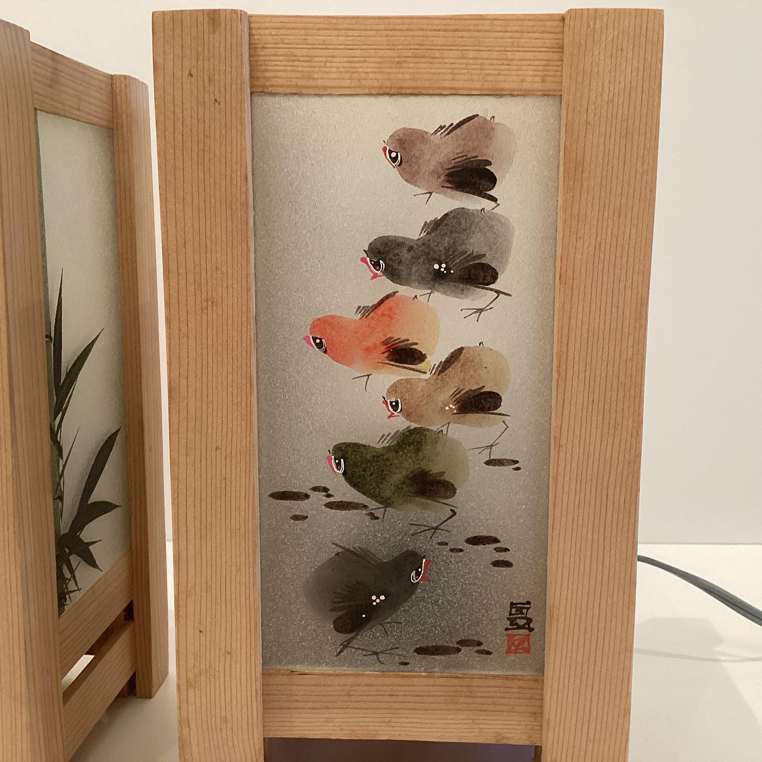 Vintage Lamps | Pair of Hand Painted Glass, Solid Larch Wood Japanese Design — photo 8 of 11