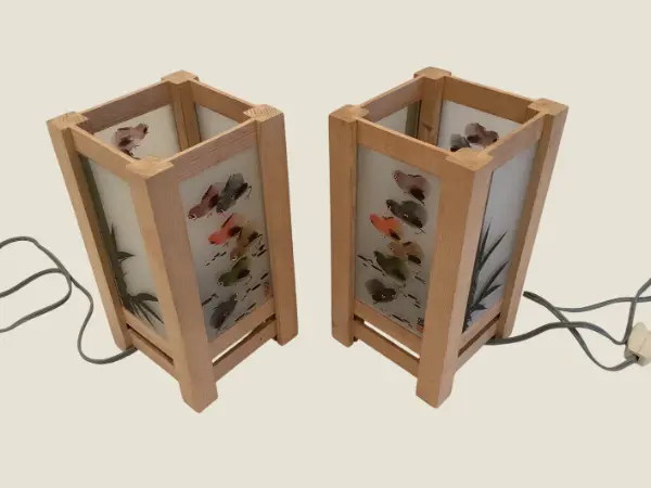 Vintage Lamps | Pair of Hand Painted Glass, Solid Larch Wood Japanese Design