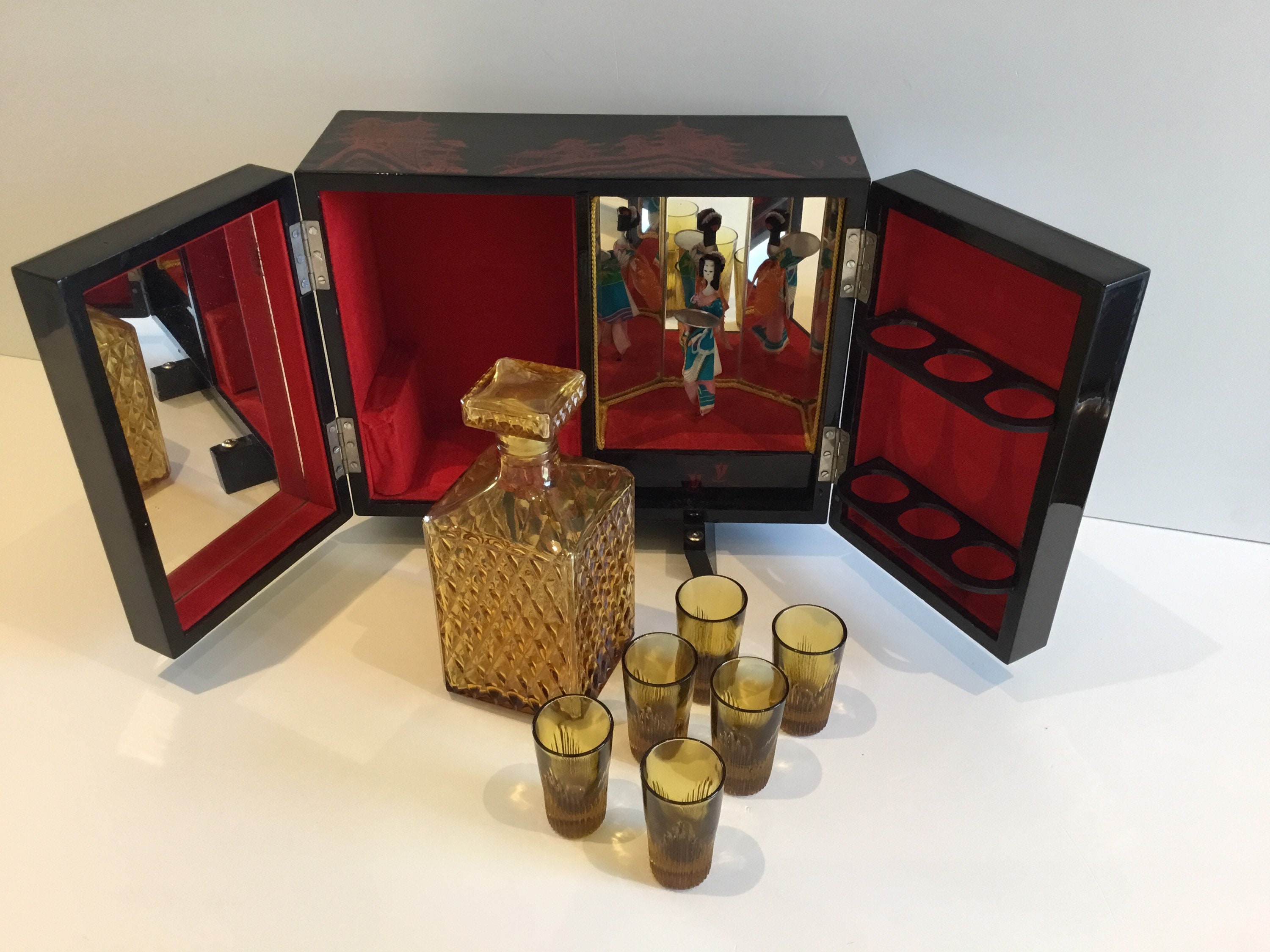 Vintage Music Box Cabinet | 1960s Japanese Bar with Ballerina, Bottle & Glasses Set — photo 2 of 10