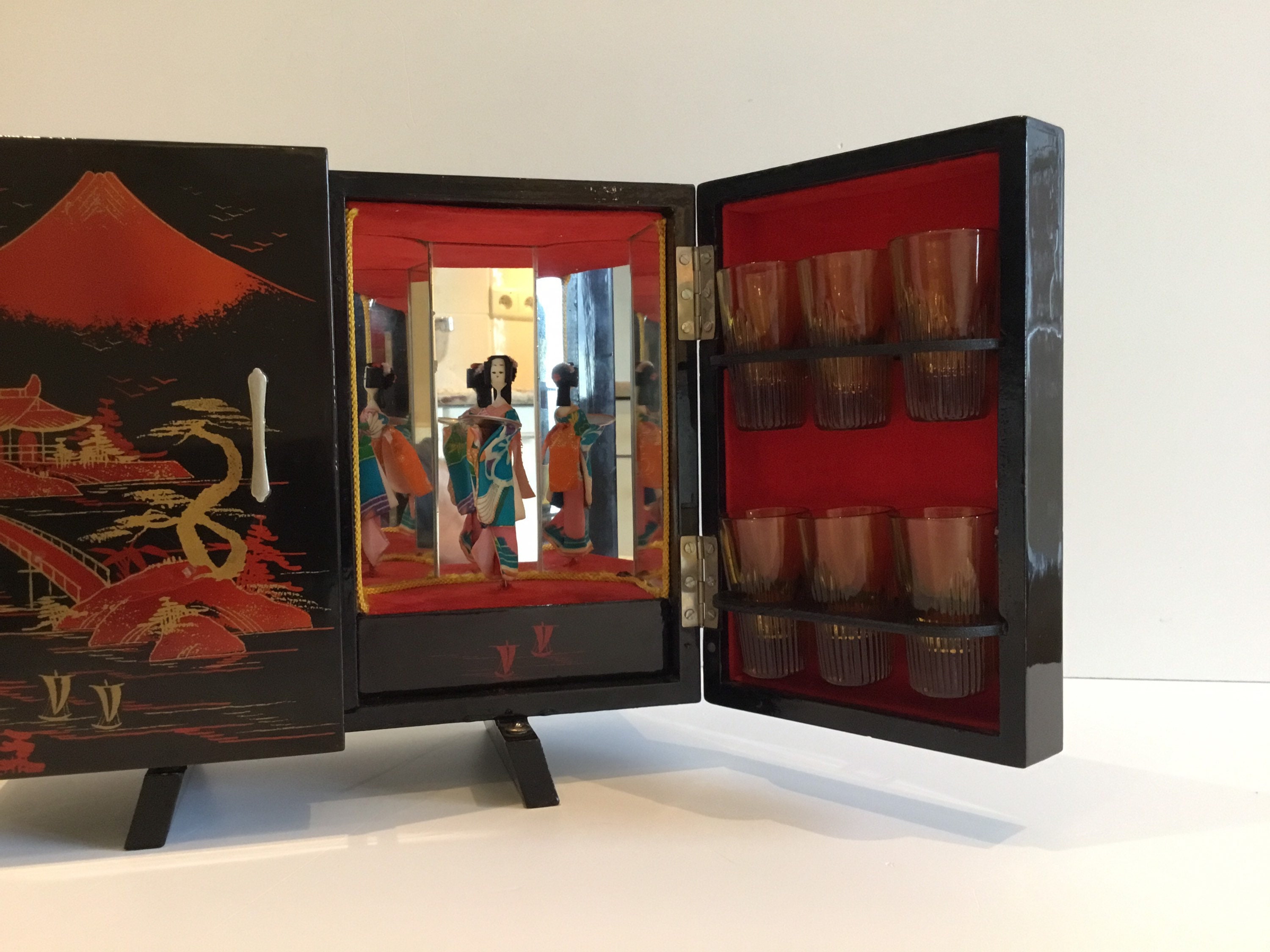 Vintage Music Box Cabinet | 1960s Japanese Bar with Ballerina, Bottle & Glasses Set — photo 5 of 10
