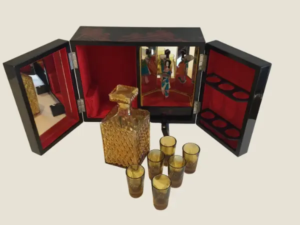 Vintage Music Box Cabinet | 1960s Japanese Bar with Ballerina, Bottle & Glasses Set