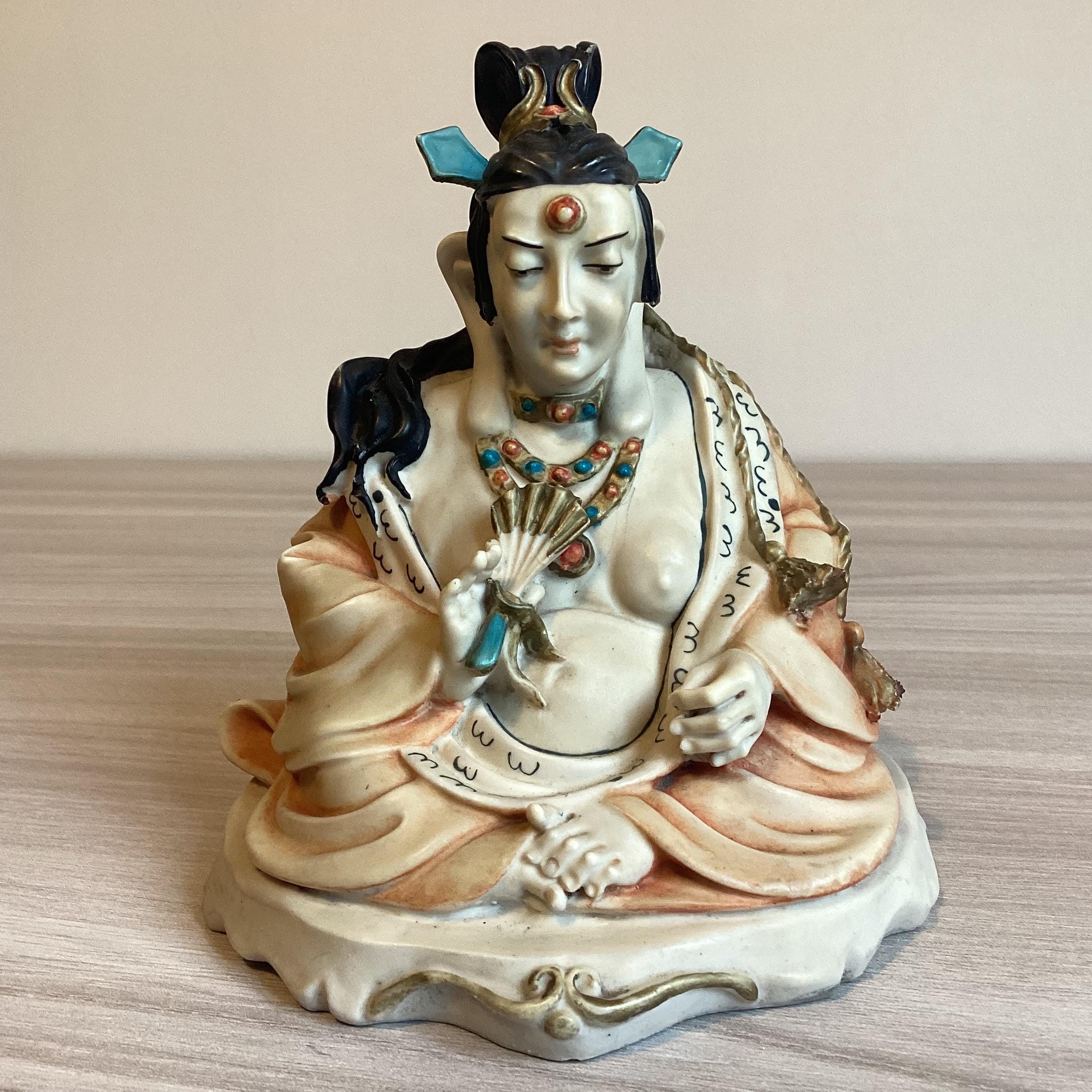 Vintage Buddhist Statue | Guan Yin 1970s Polystone Sculpture, Rare Posture Hand Painted — photo 2 of 8