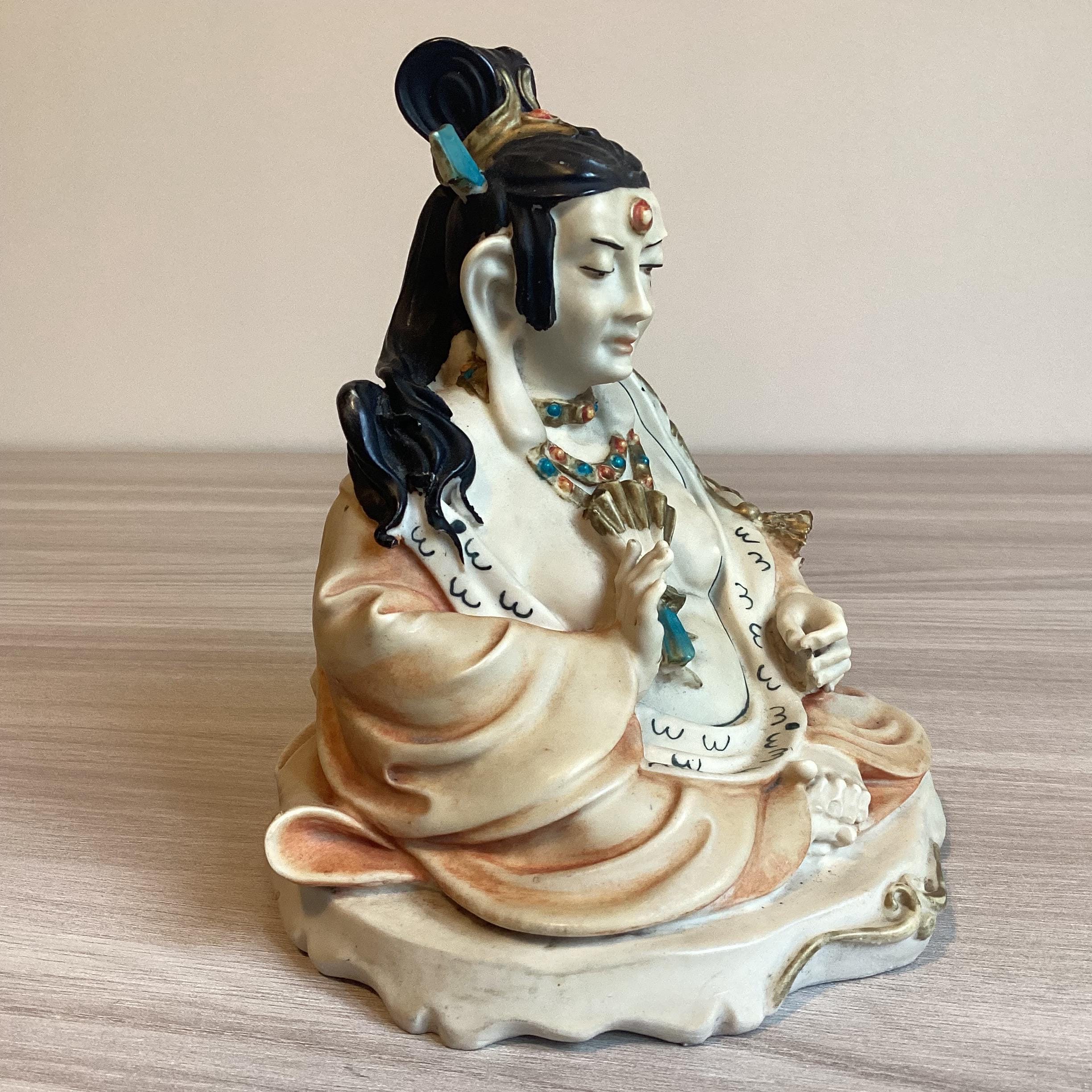 Vintage Buddhist Statue | Guan Yin 1970s Polystone Sculpture, Rare Posture Hand Painted — photo 3 of 8