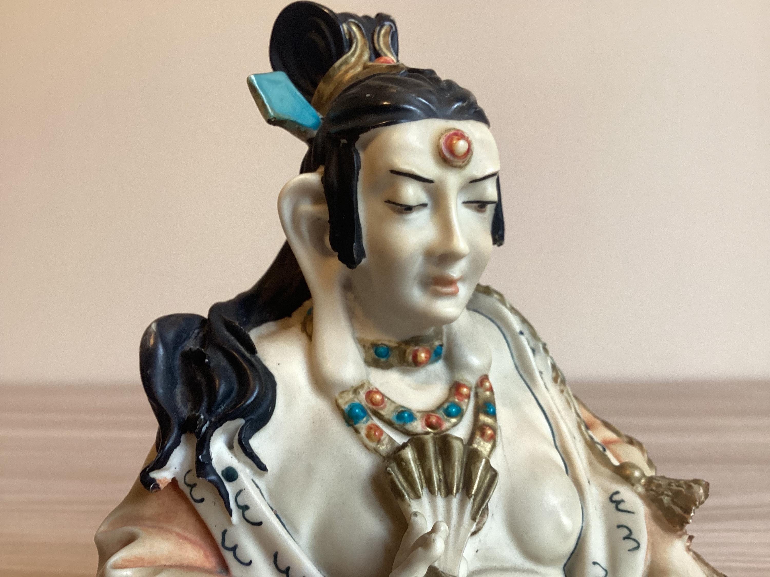 Vintage Buddhist Statue | Guan Yin 1970s Polystone Sculpture, Rare Posture Hand Painted — photo 6 of 8