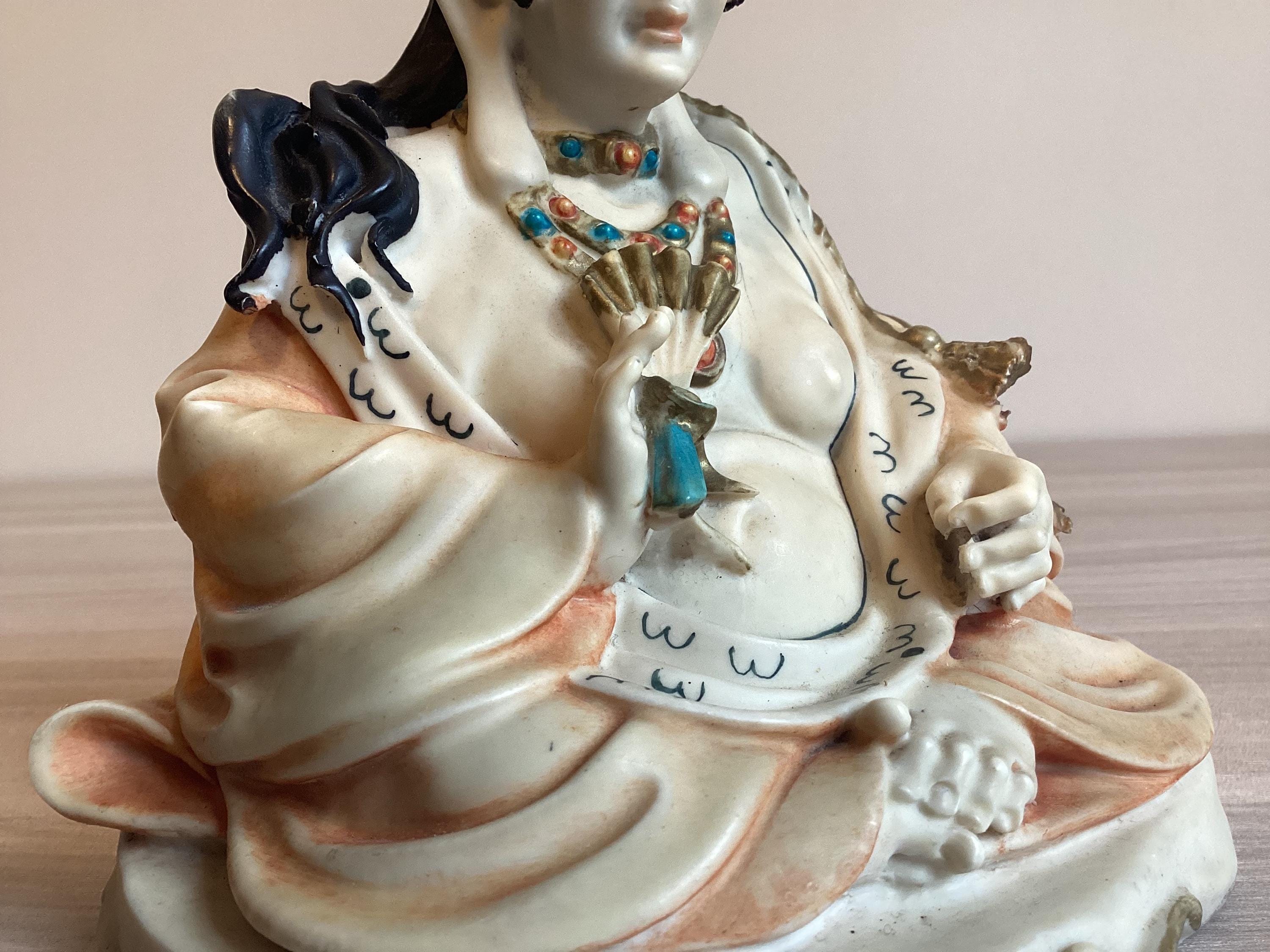 Vintage Buddhist Statue | Guan Yin 1970s Polystone Sculpture, Rare Posture Hand Painted — photo 7 of 8