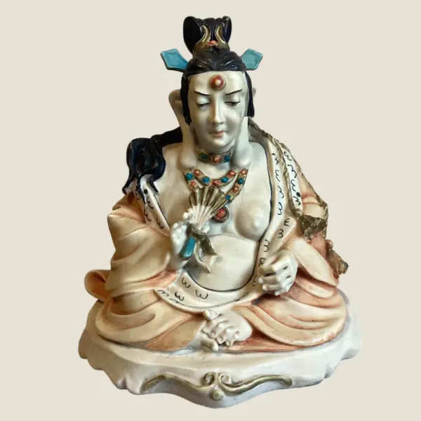 Vintage Buddhist Statue | Guan Yin 1970s Polystone Sculpture, Rare Posture Hand Painted