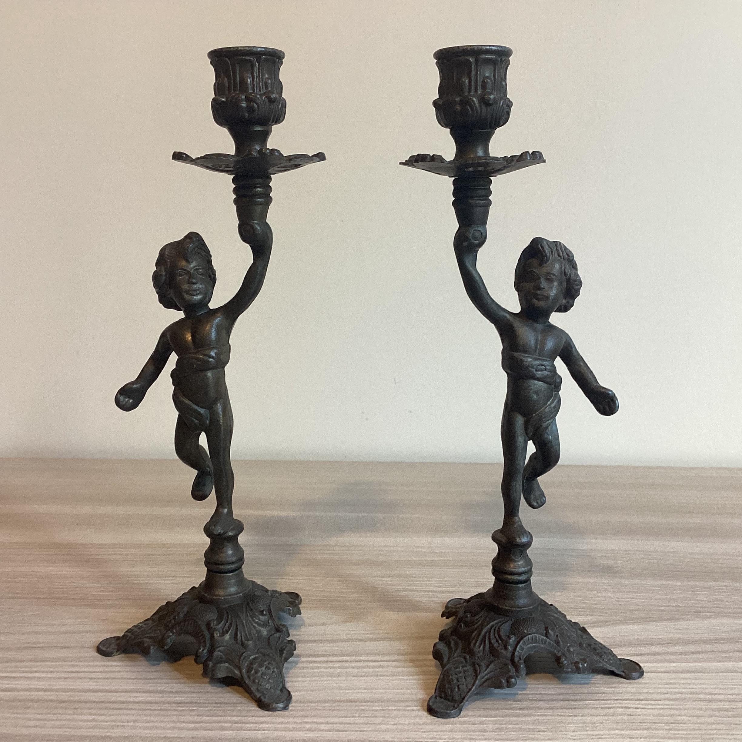 Antique French Candlesticks | 19th Century Régule Pair, Bronzed Original Patina — photo 3 of 10